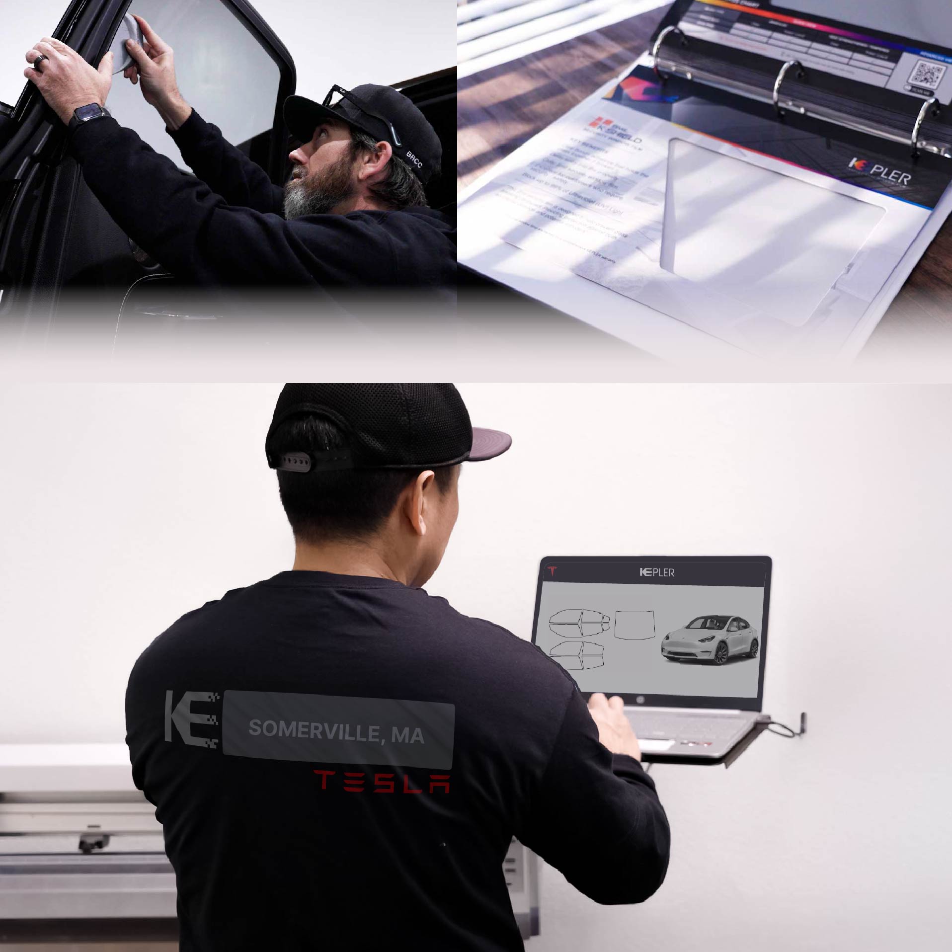 Expert Technician Applying Advanced Window Tint to Tesla in Somerville