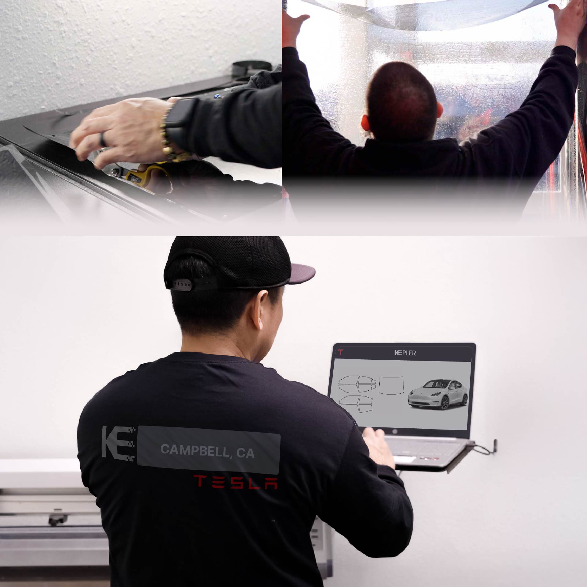 Kepler Technician Fitting High-tech Window Tint to Tesla in Campbell