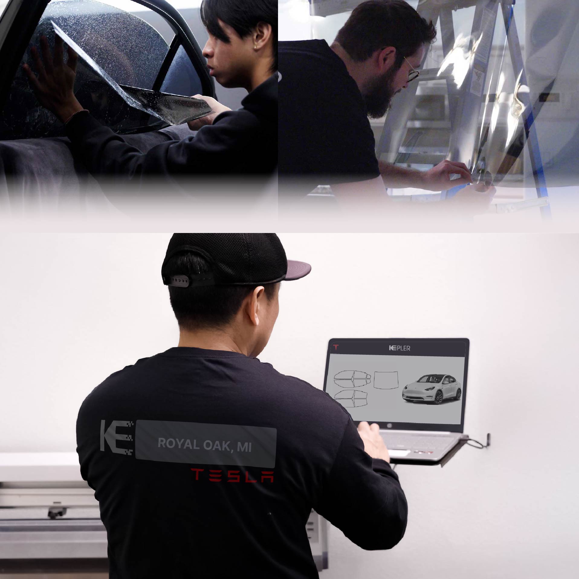 Kepler Technician Applying High-tech Window Tint to Tesla in Royal Oak
