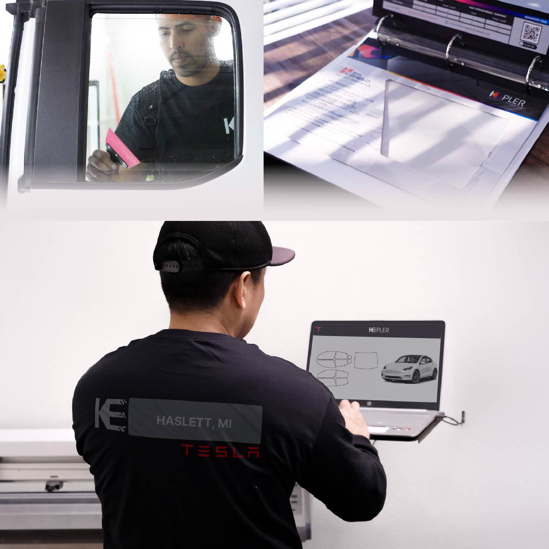 Kepler Technician Fitting Advanced Window Tint to Tesla in Haslett