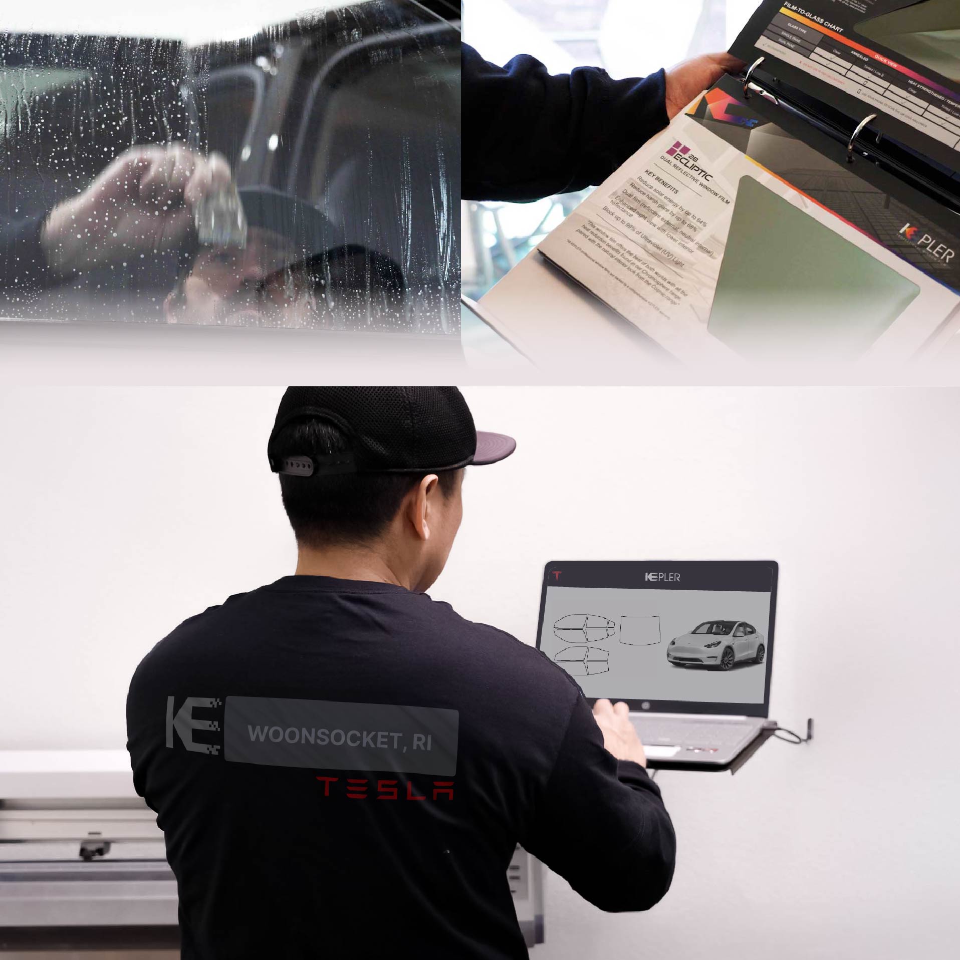 Expert Technician Fitting Advanced Window Tint to Tesla in Woonsocket