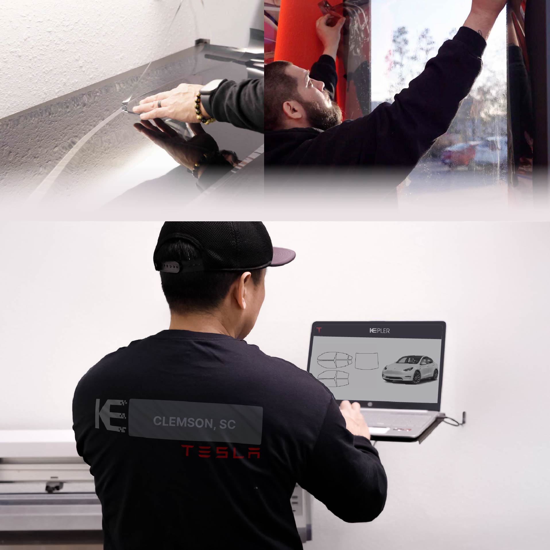 Expert Technician Installing Ceramic Window Tint to Tesla in Clemson