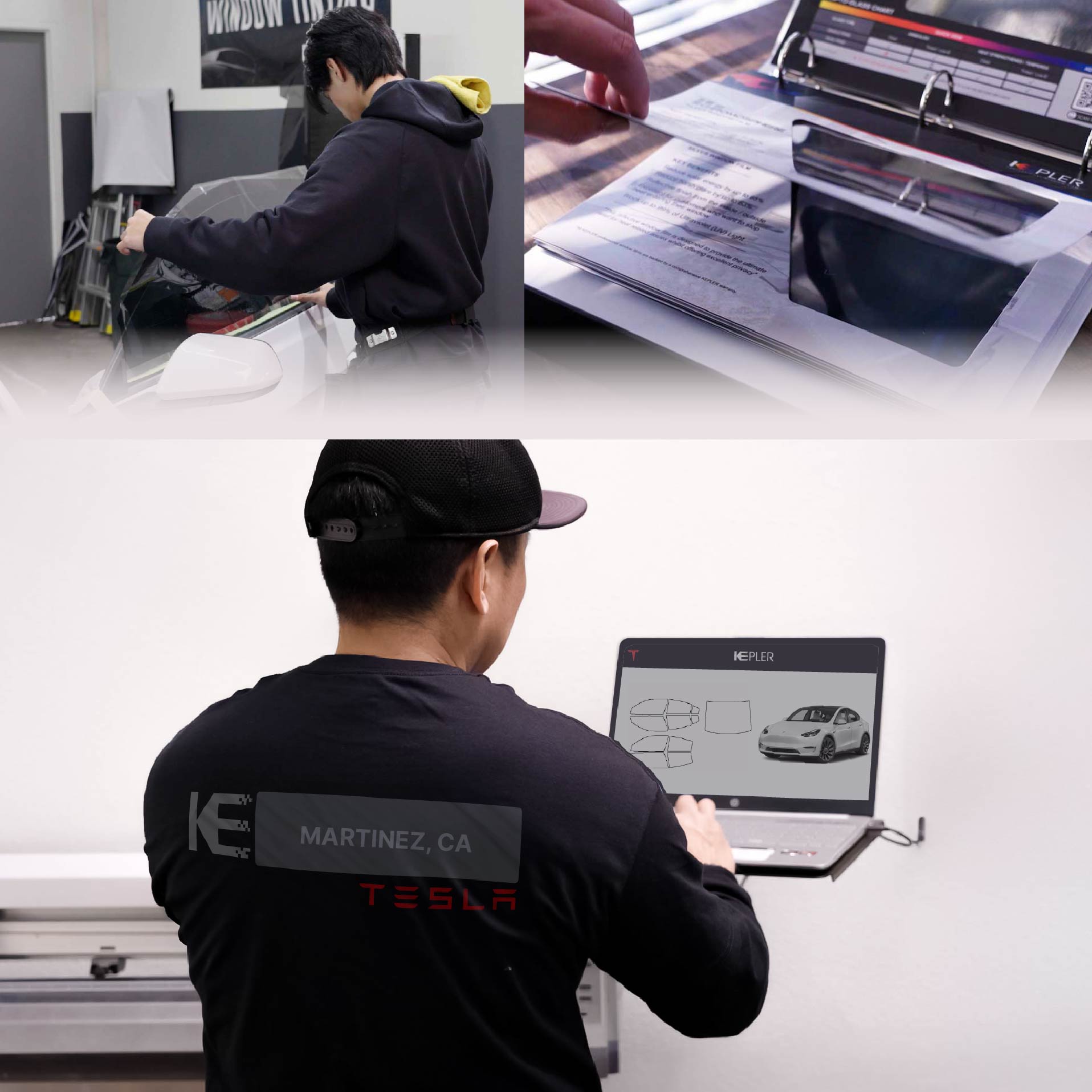Kepler Technician Installing Advanced Window Tint to Tesla in Martinez