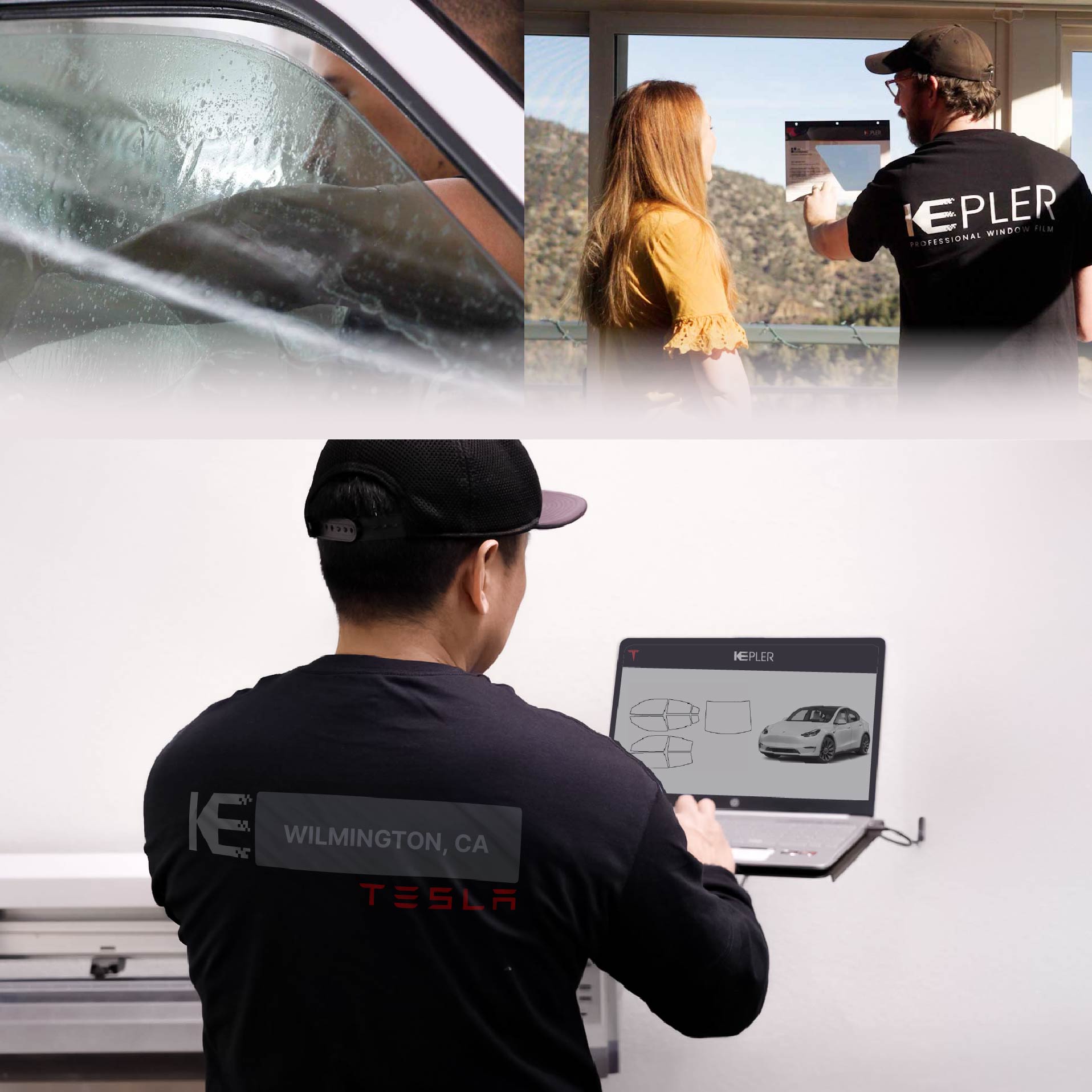 Expert Technician Applying Advanced Window Tint to Tesla in Wilmington