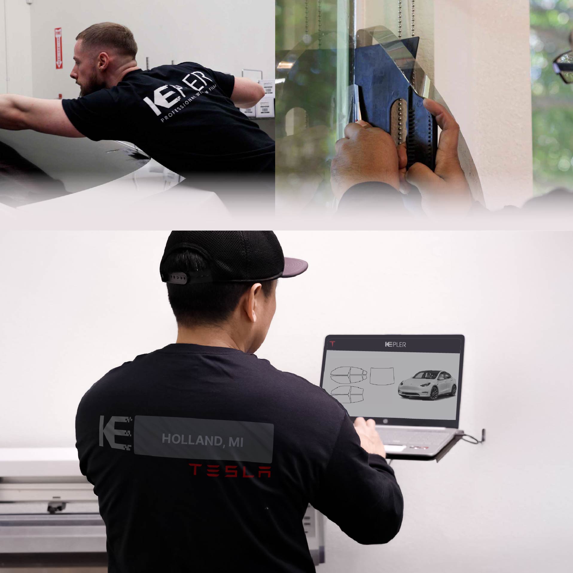 Expert Technician Applying Ceramic Window Tint to Tesla in Holland