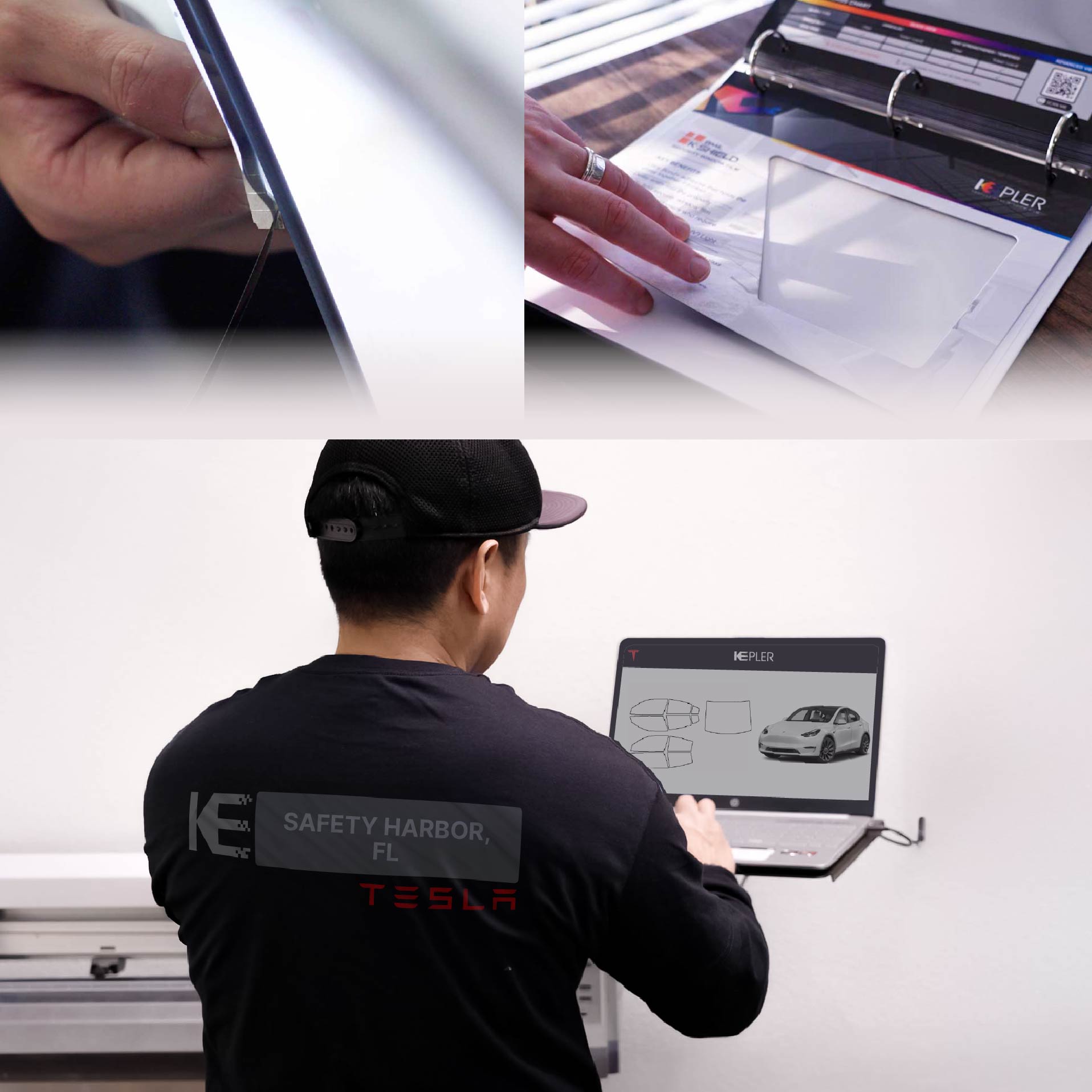Expert Technician Applying Advanced Window Tint to Tesla in Safety Harbor