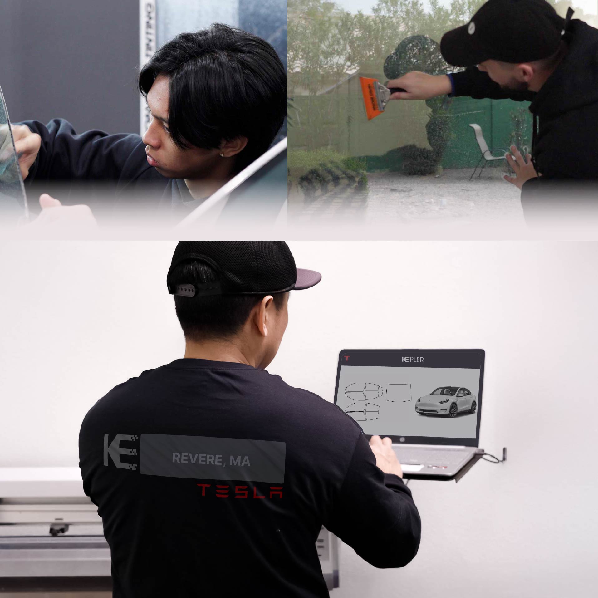 Kepler Technician Fitting Advanced Window Tint to Tesla in Revere