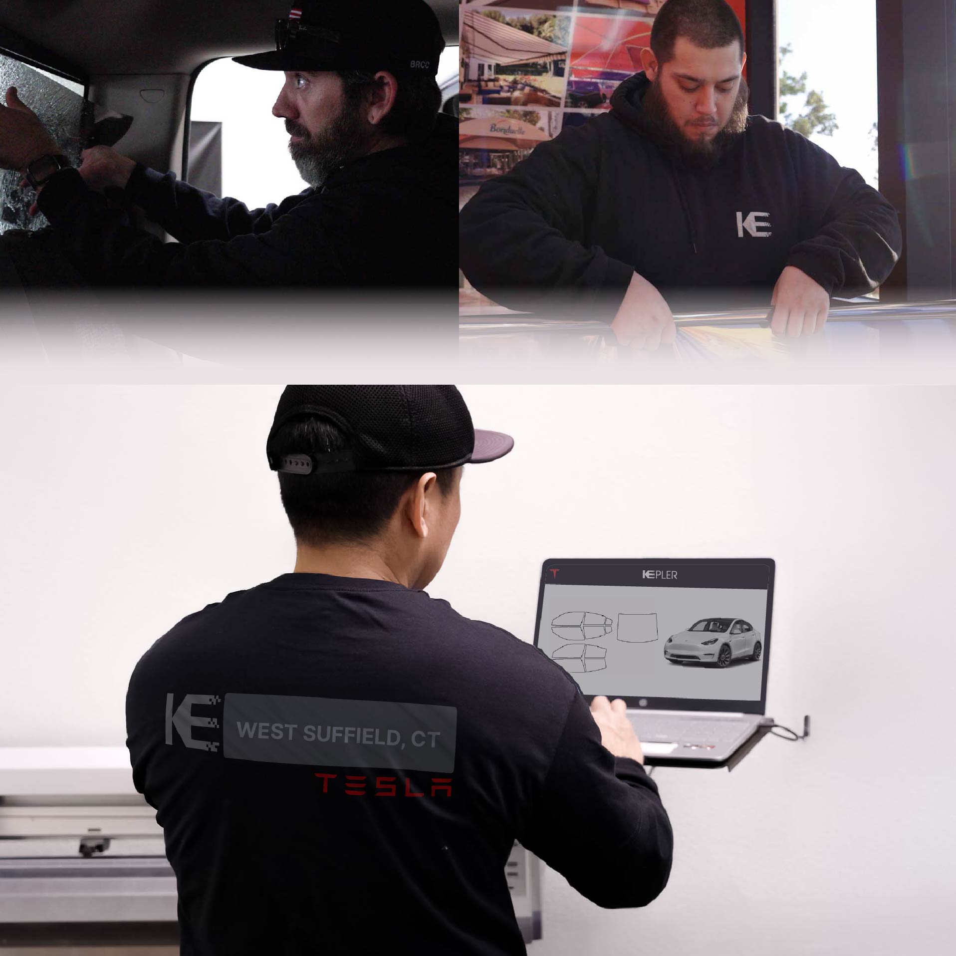 Kepler Technician Installing High-tech Window Tint to Tesla in West Suffield