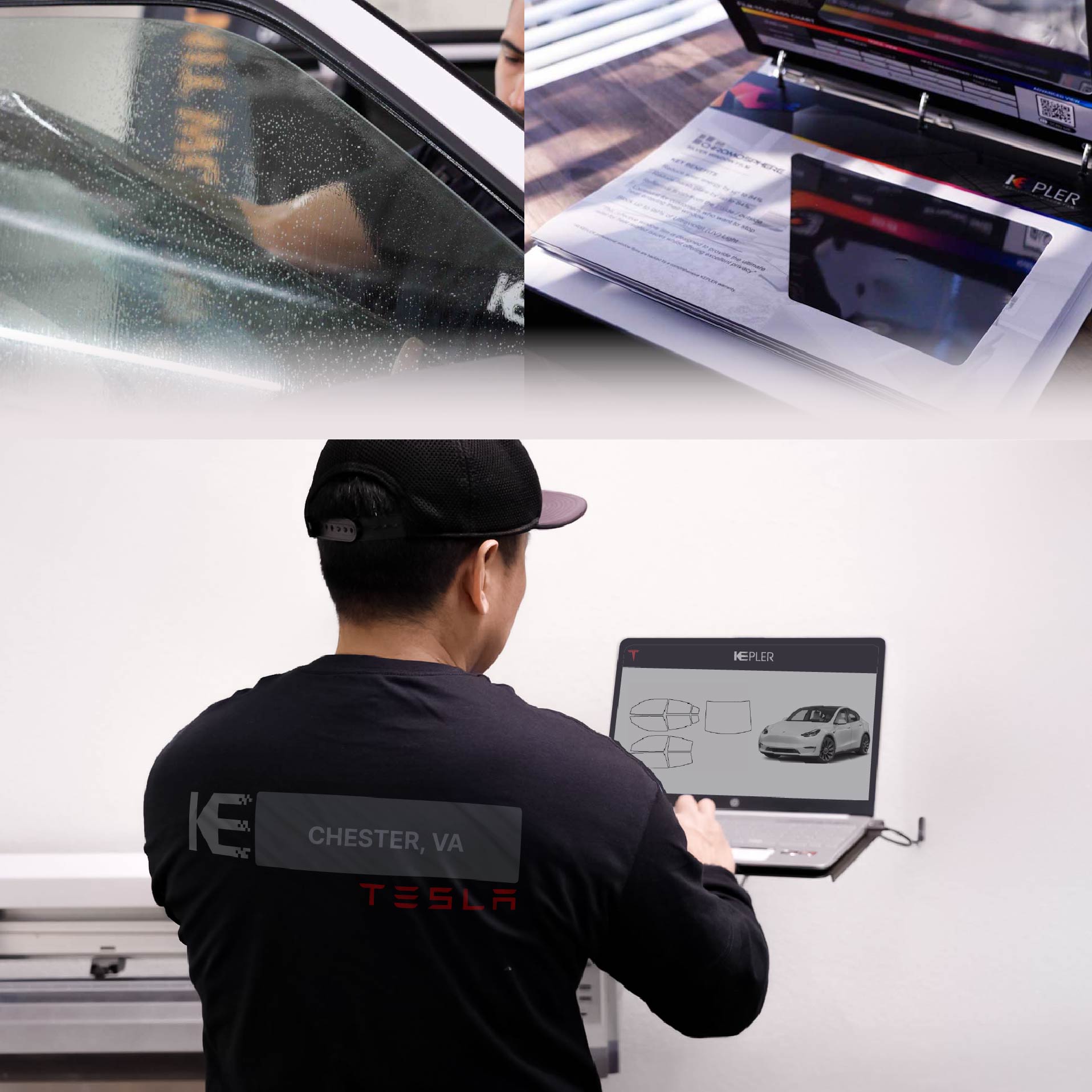 Expert Technician Installing High-tech Window Tint to Tesla in Chester