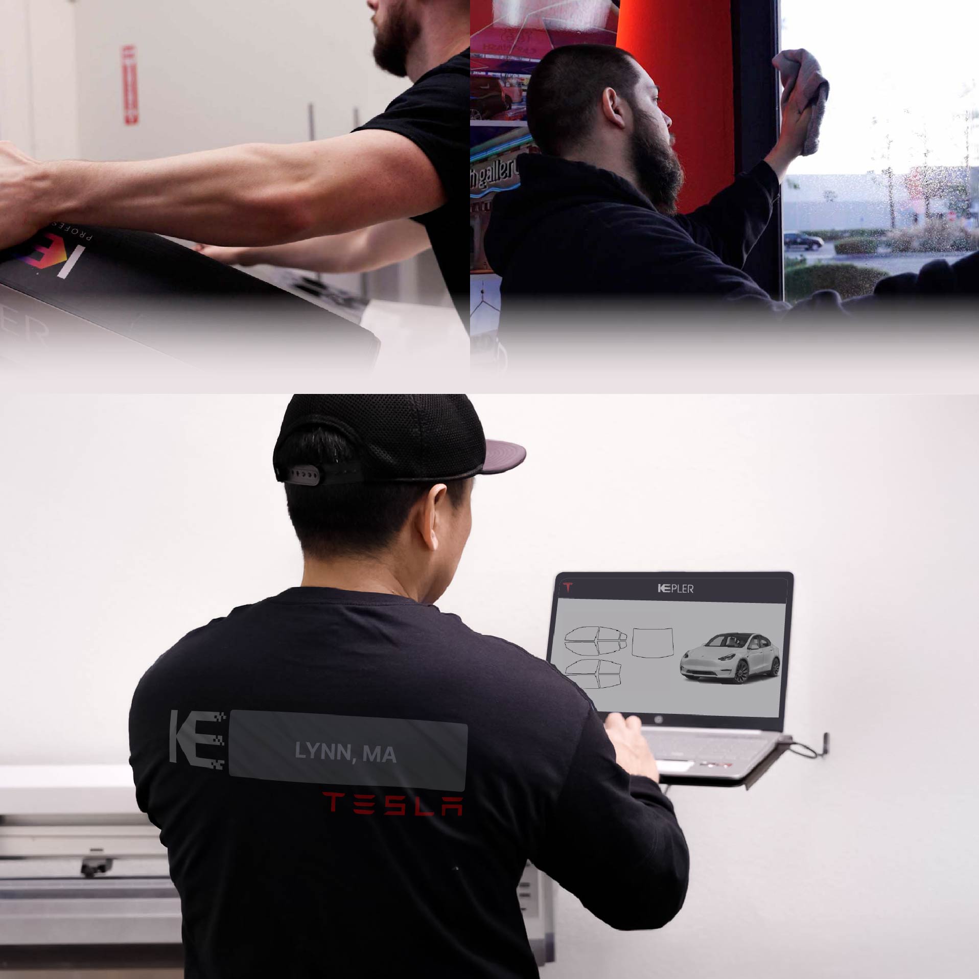 Kepler Technician Fitting Advanced Window Tint to Tesla in Lynn