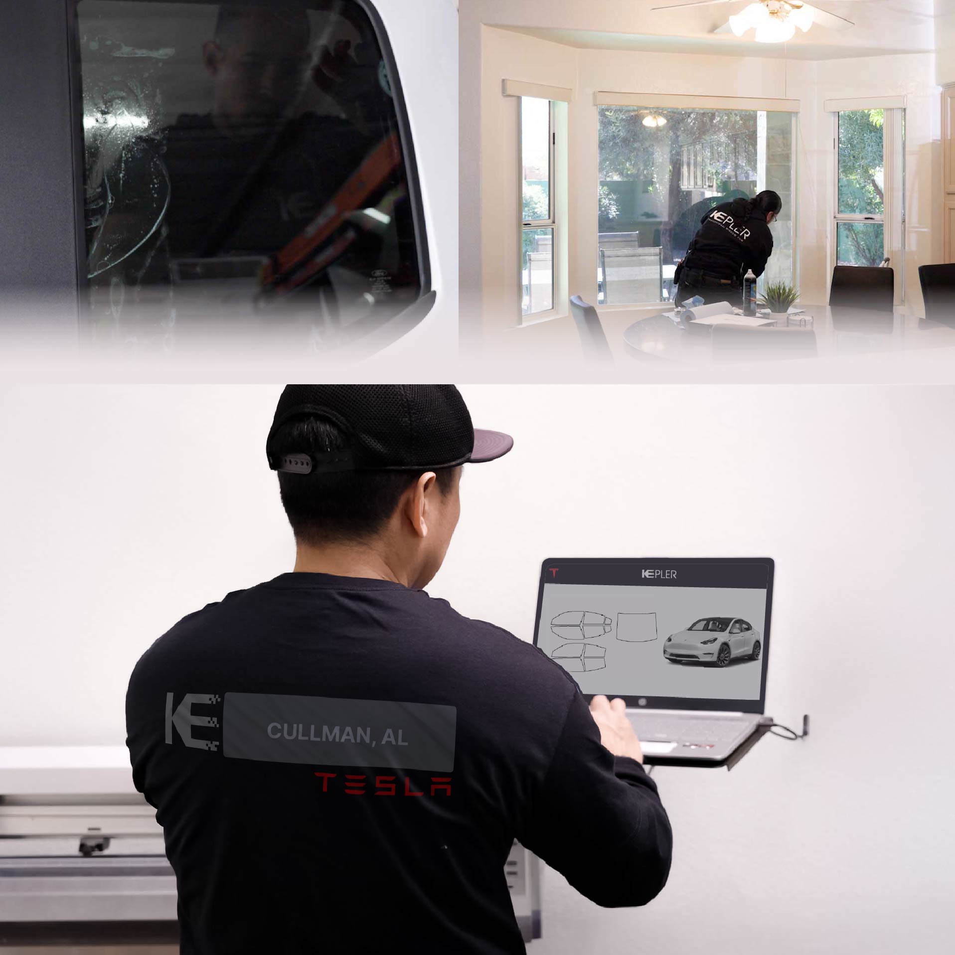 Expert Technician Fitting Ceramic Window Tint to Tesla in Cullman