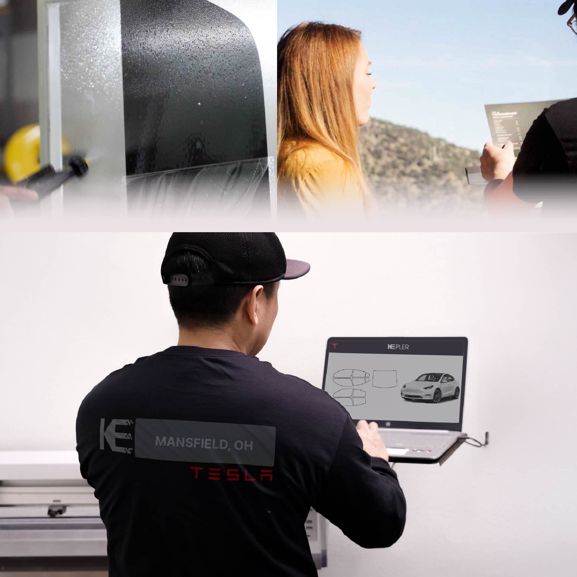 Kepler Technician Installing Ceramic Window Tint to Tesla in Mansfield