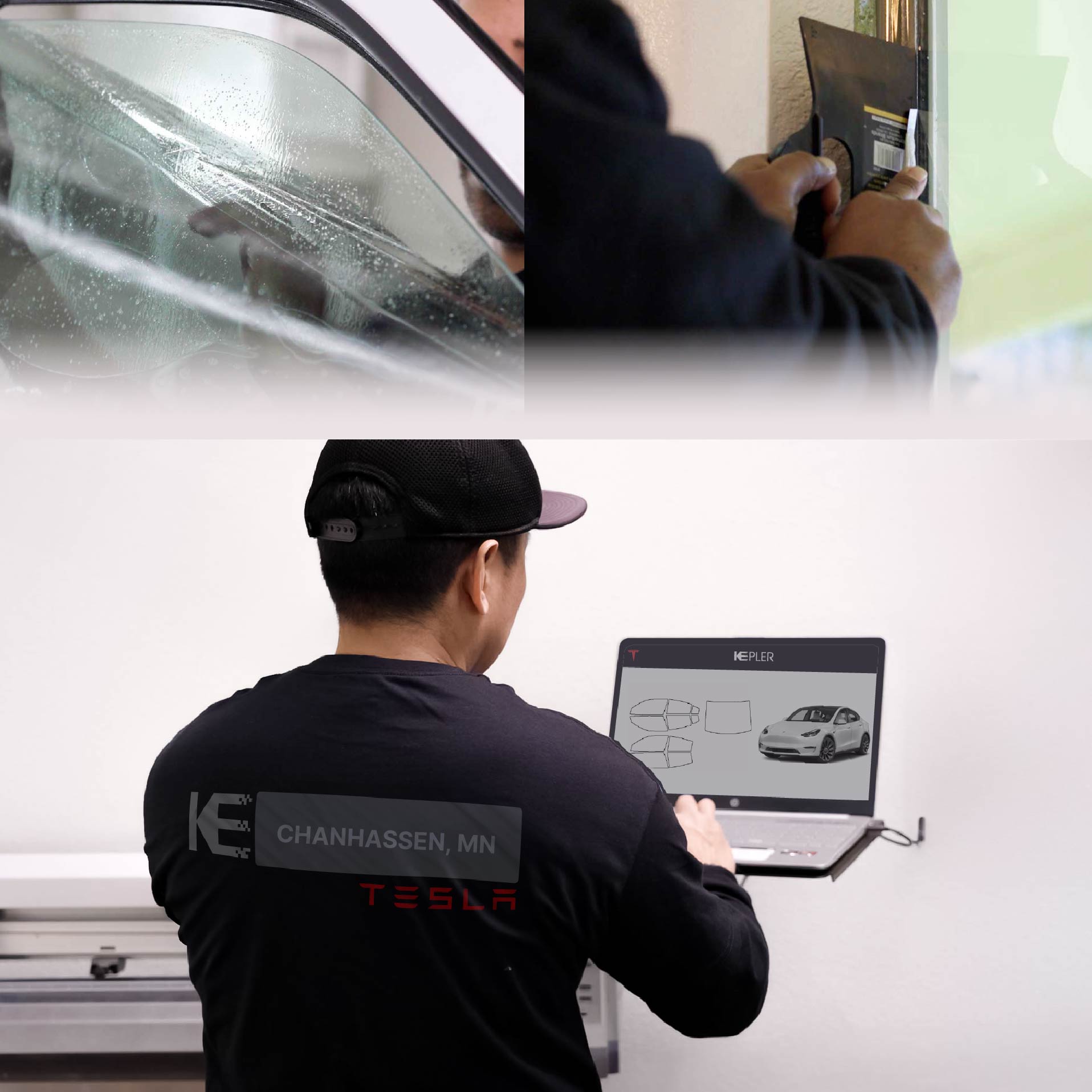 Kepler Technician Installing Advanced Window Tint to Tesla in Chanhassen