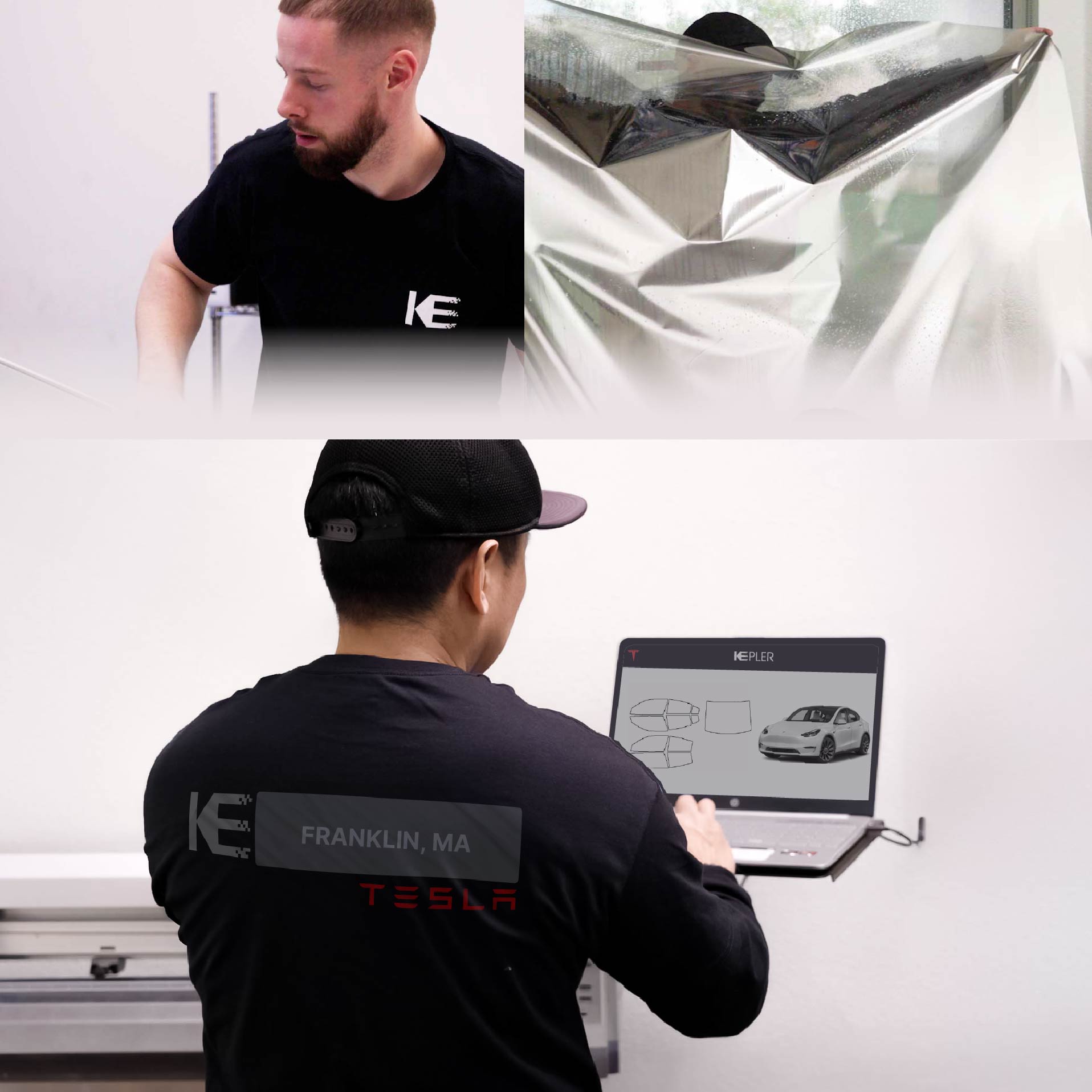 Kepler Technician Applying High-tech Window Tint to Tesla in Franklin