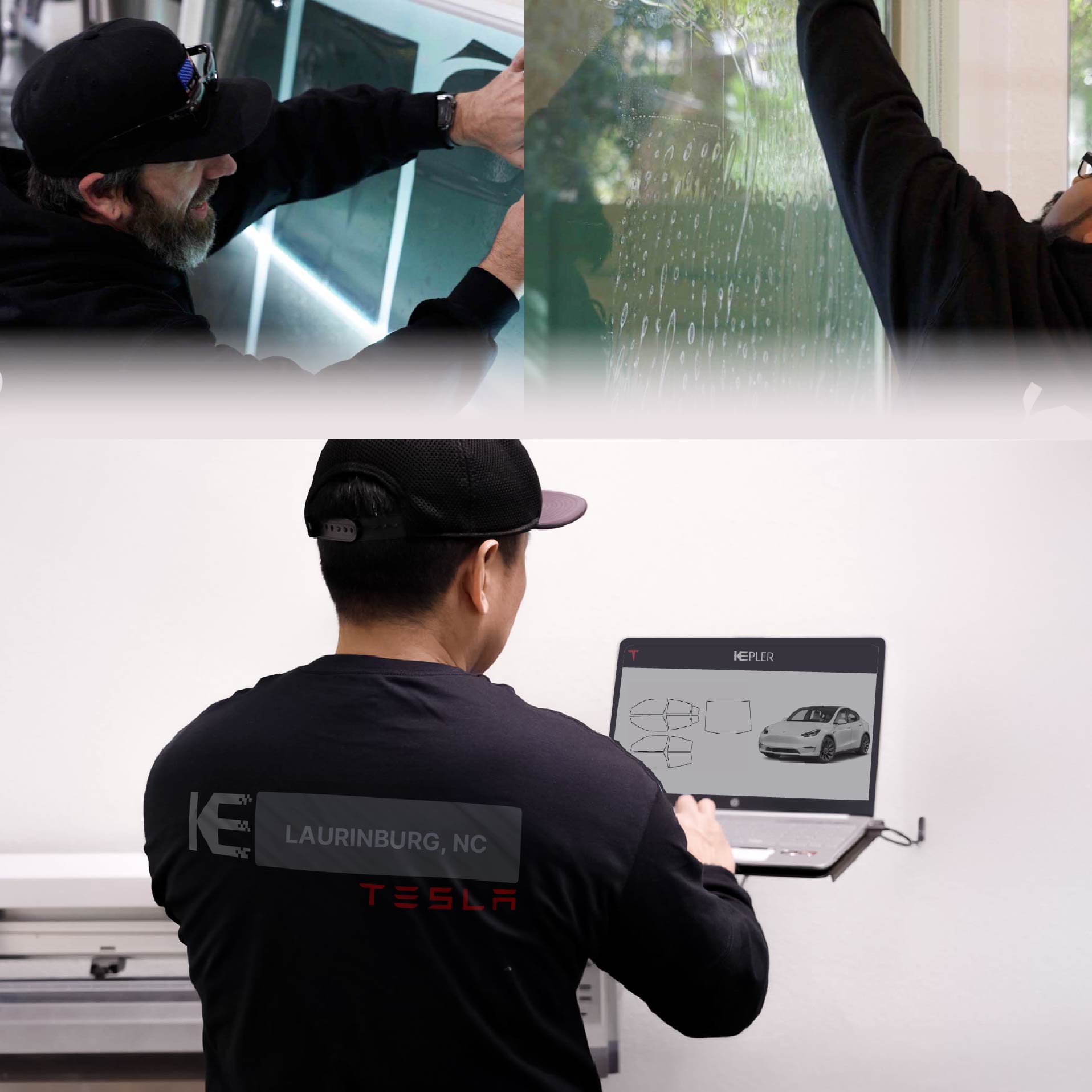 Expert Technician Fitting Ceramic Window Tint to Tesla in Laurinburg