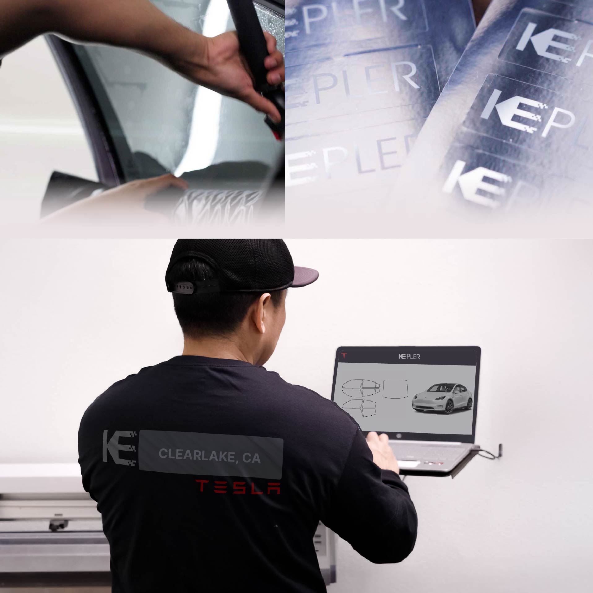 Expert Technician Fitting High-tech Window Tint to Tesla in Clearlake