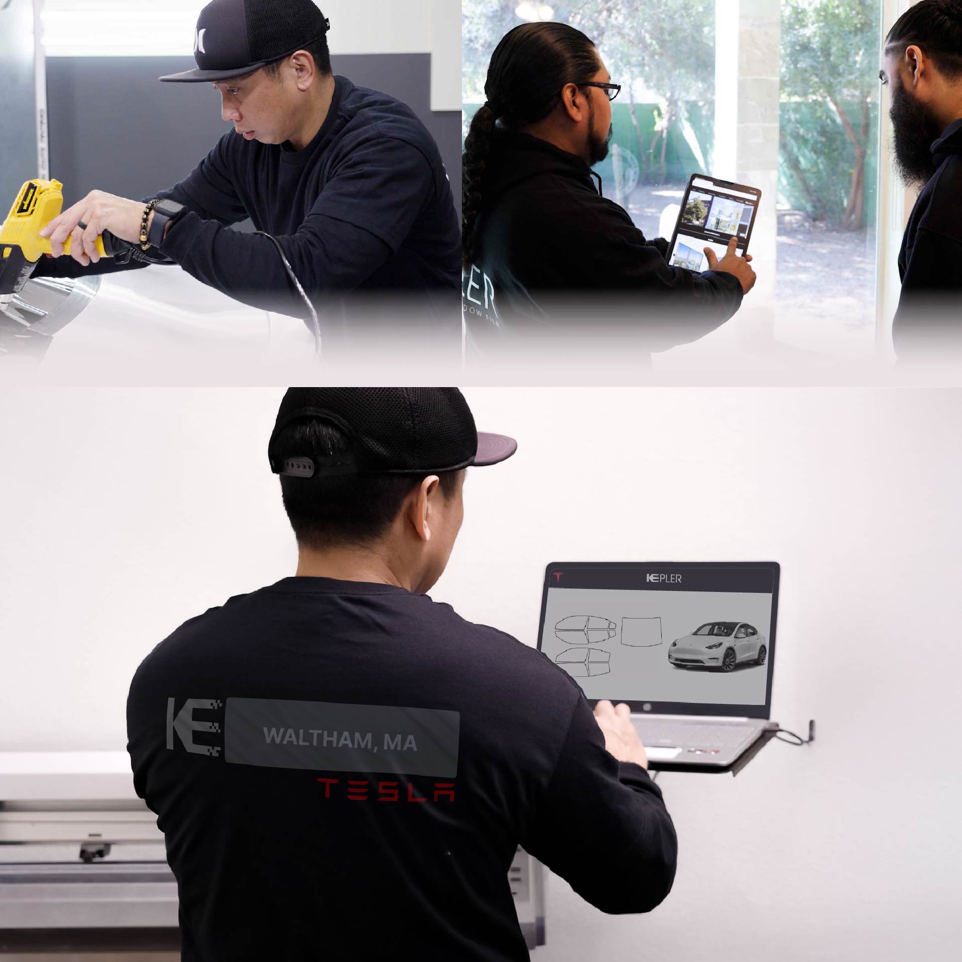 Kepler Technician Fitting Advanced Window Tint to Tesla in Waltham