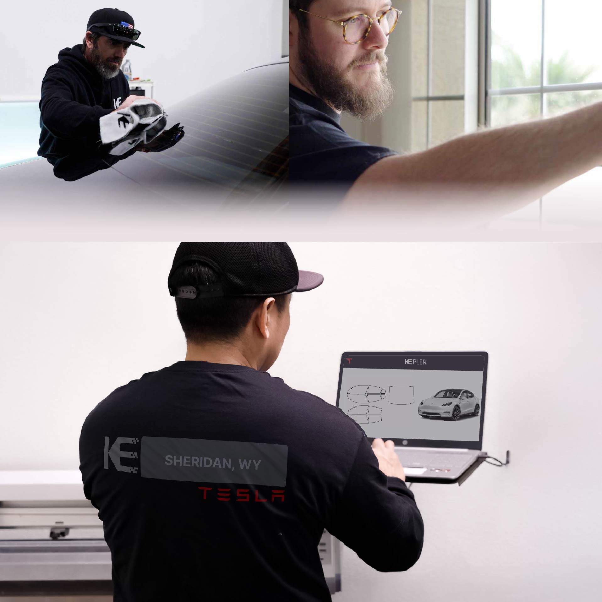 Expert Technician Applying Ceramic Window Tint to Tesla in Sheridan
