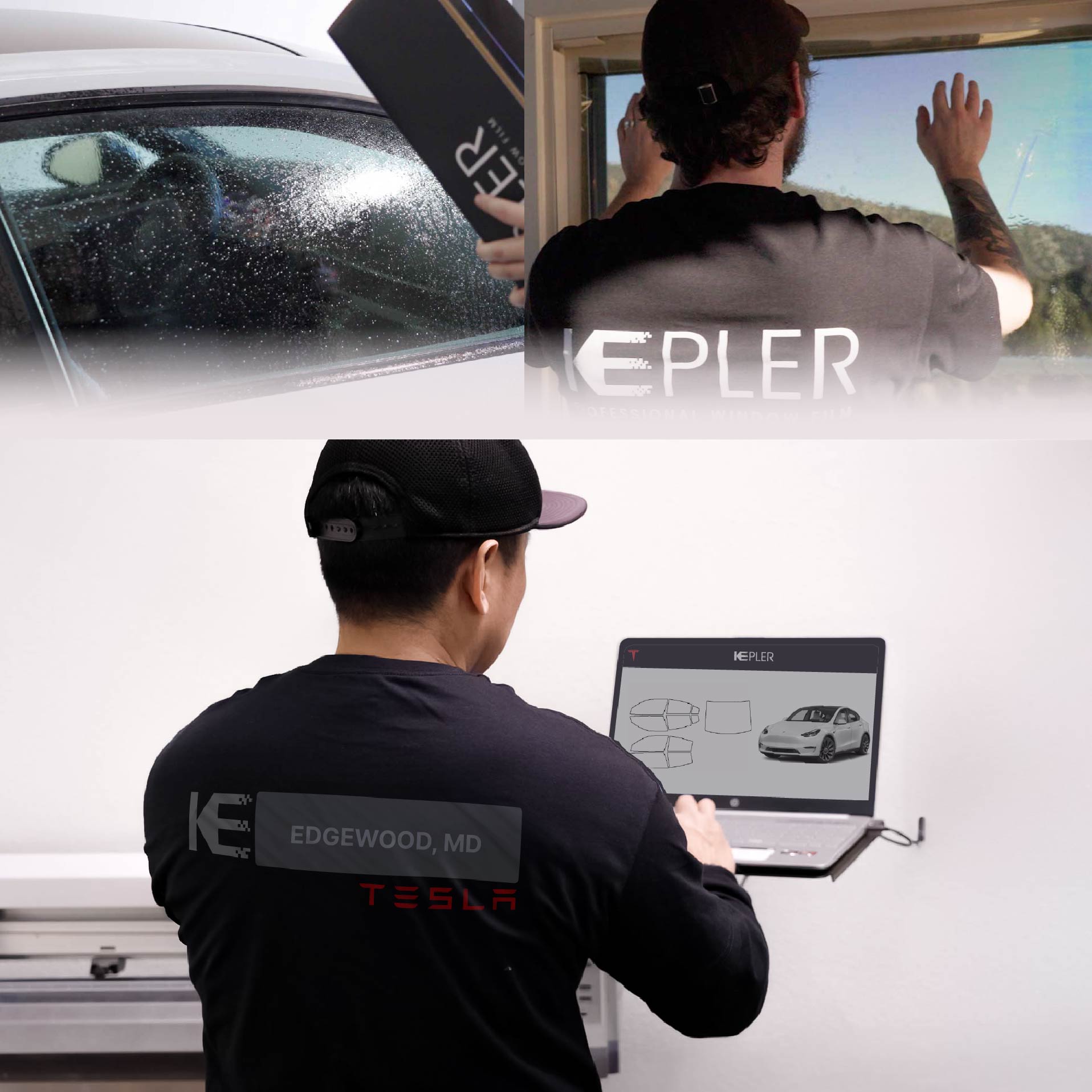 Kepler Technician Installing Ceramic Window Tint to Tesla in Edgewood