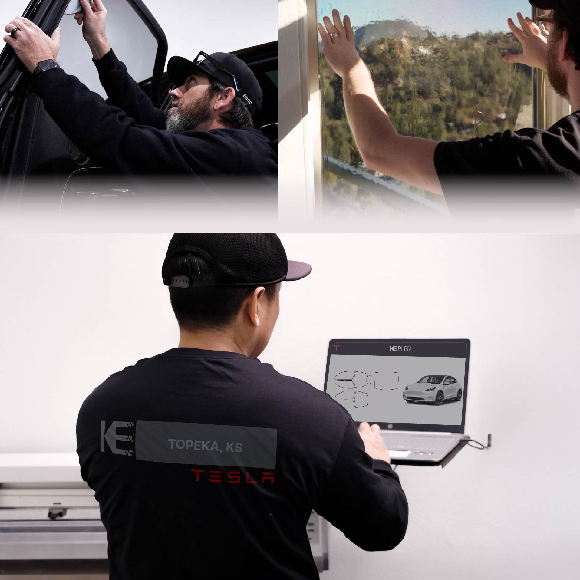 Expert Technician Fitting High-tech Window Tint to Tesla in Topeka
