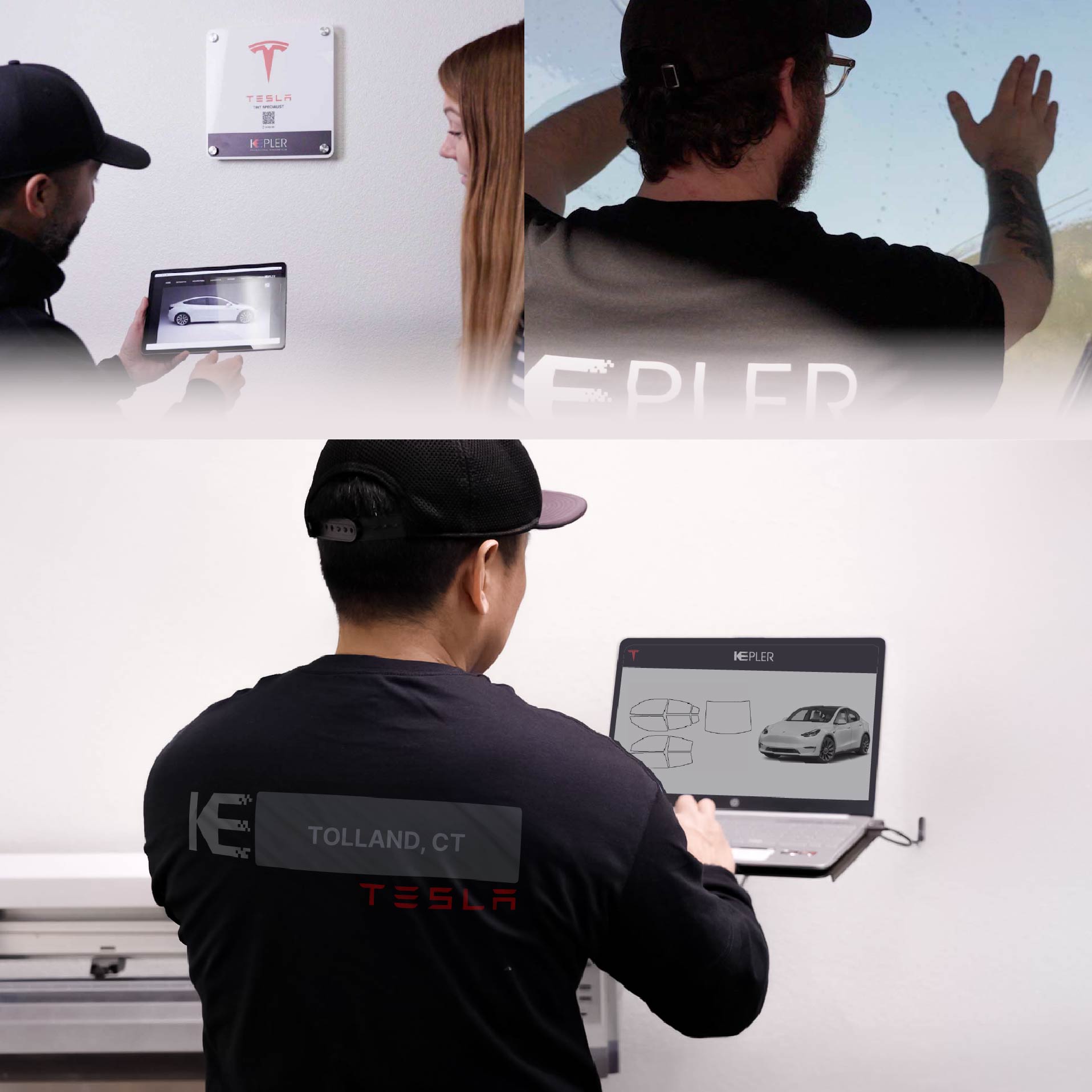 Kepler Technician Applying Advanced Window Tint to Tesla in Tolland