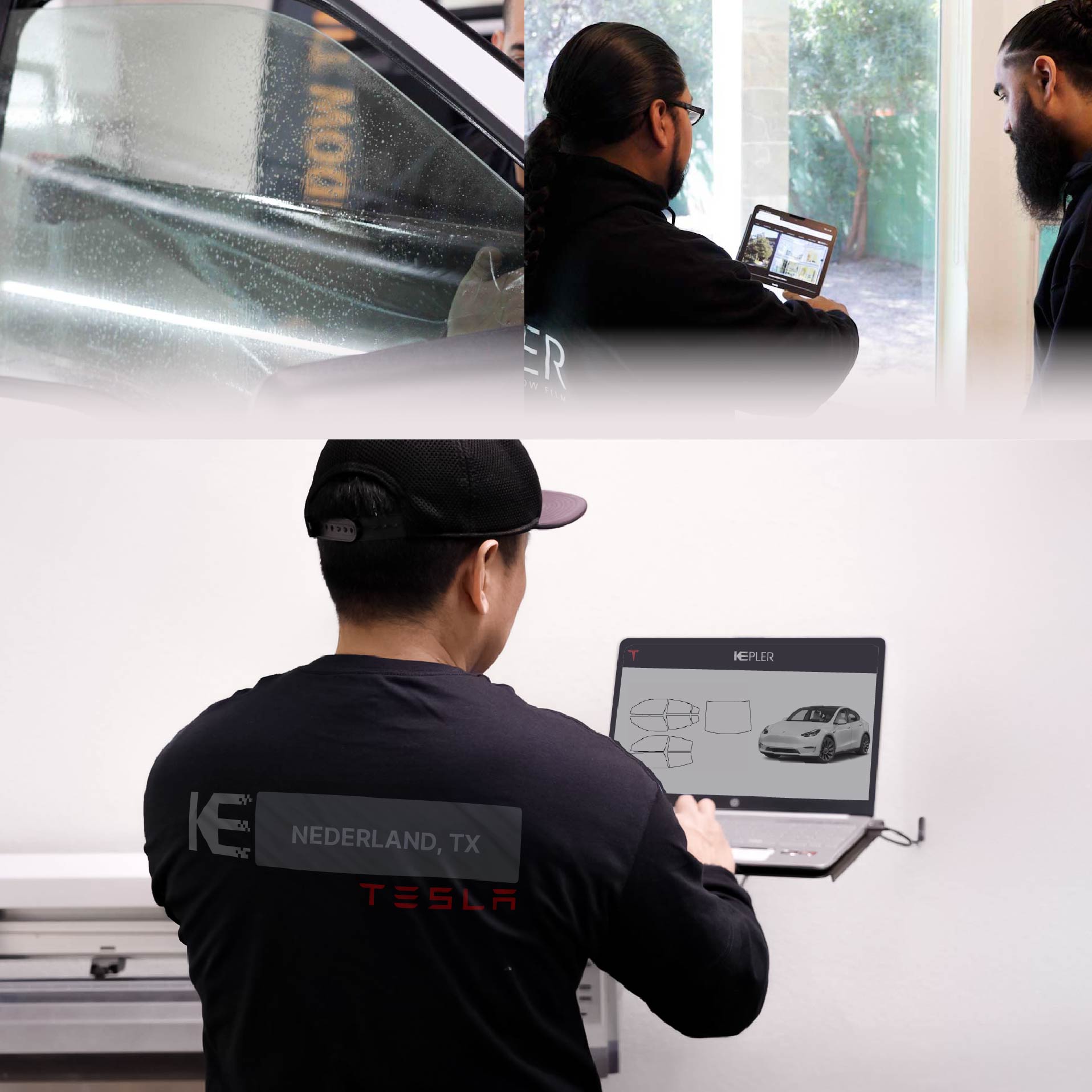 Expert Technician Applying Ceramic Window Tint to Tesla in Nederland