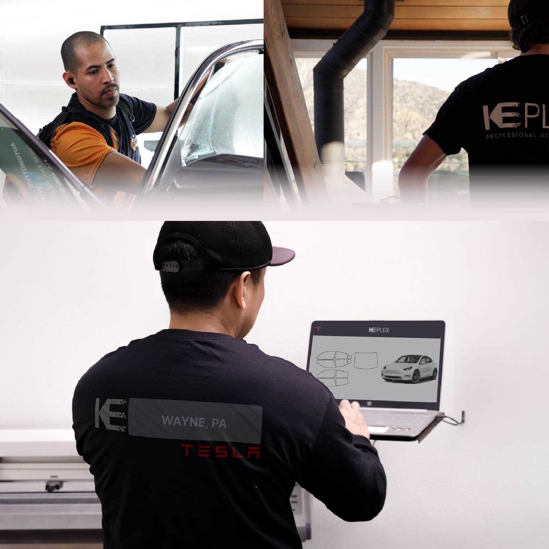 Kepler Technician Applying Advanced Window Tint to Tesla in Wayne