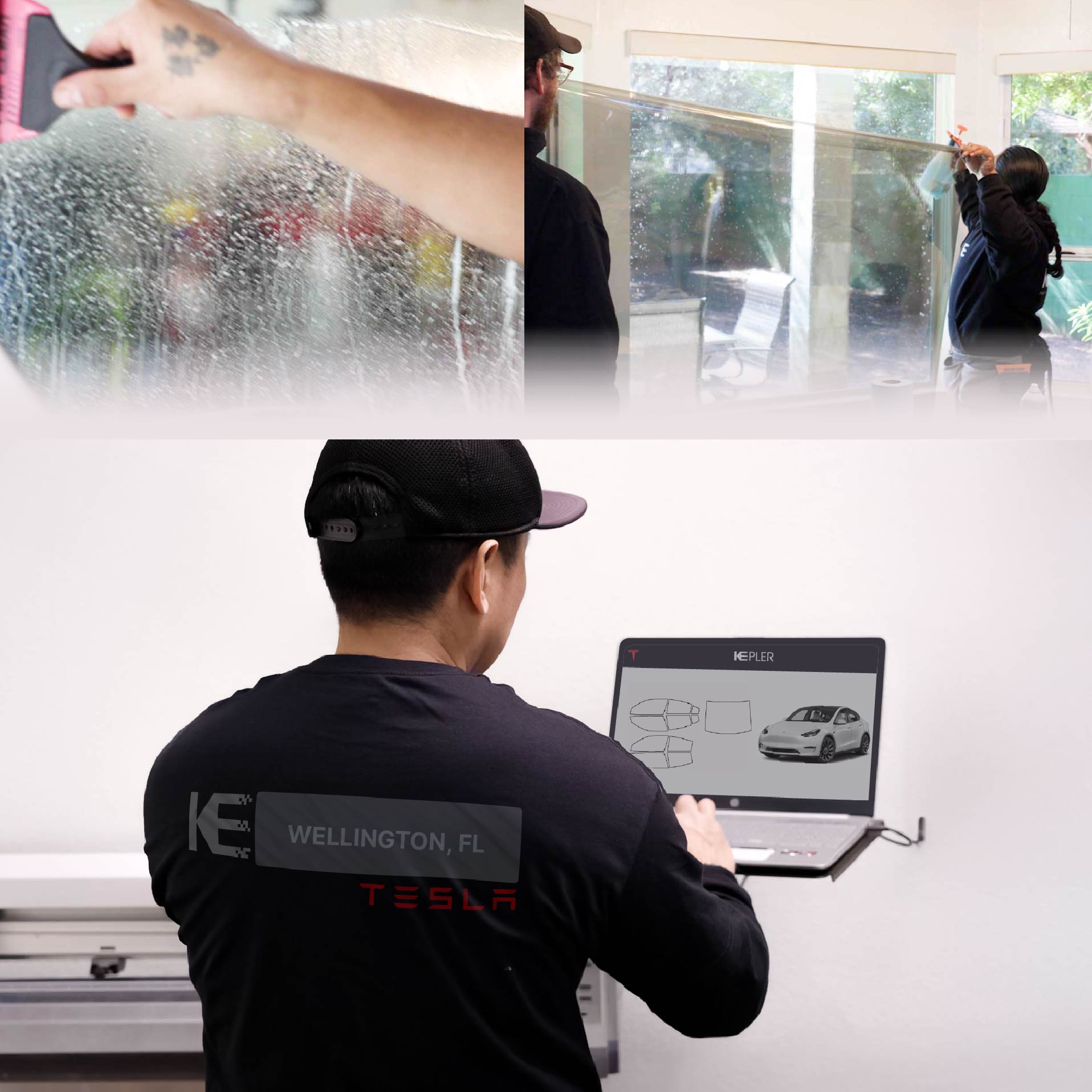 Expert Technician Applying High-tech Window Tint to Tesla in Wellington