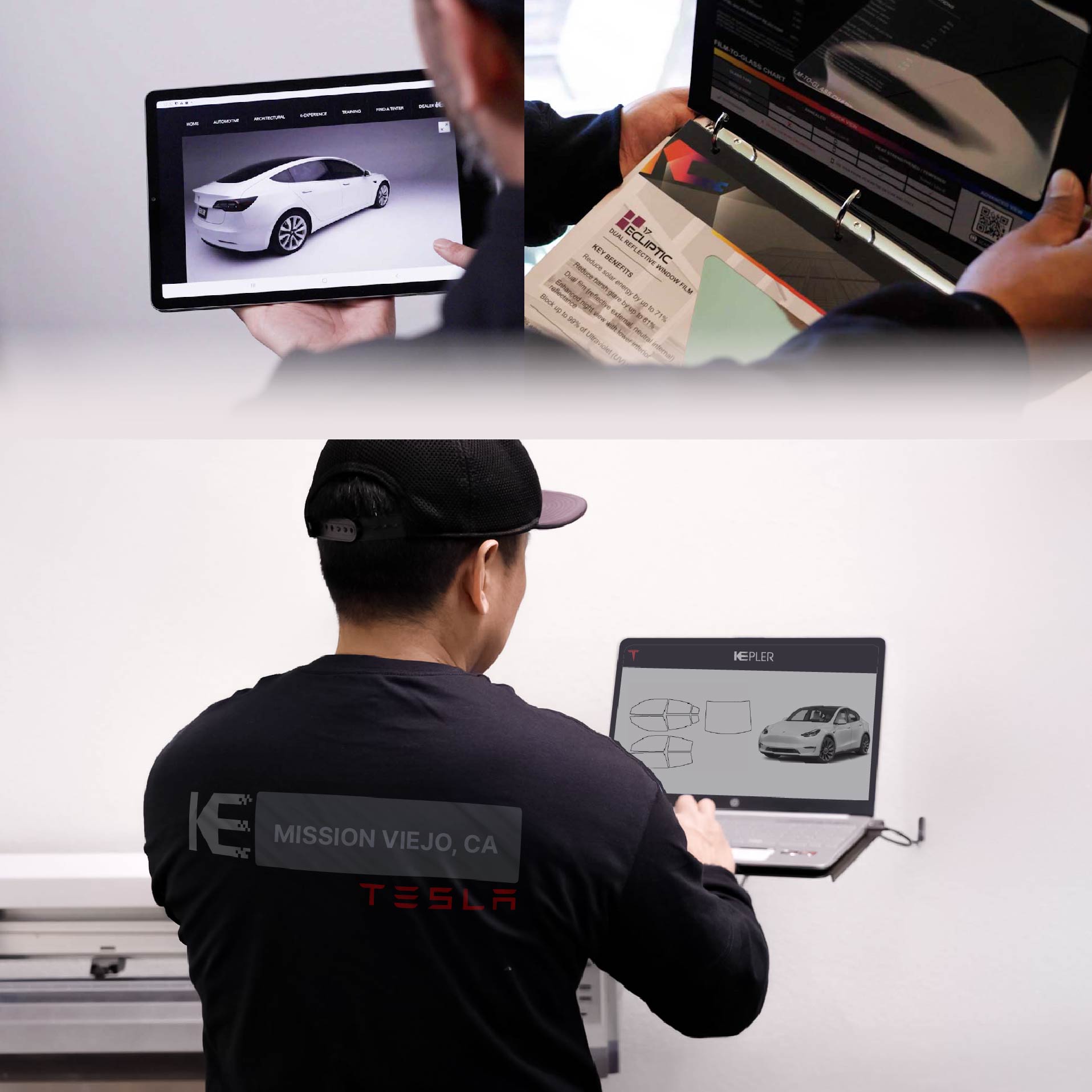 Expert Technician Fitting High-tech Window Tint to Tesla in Mission Viejo