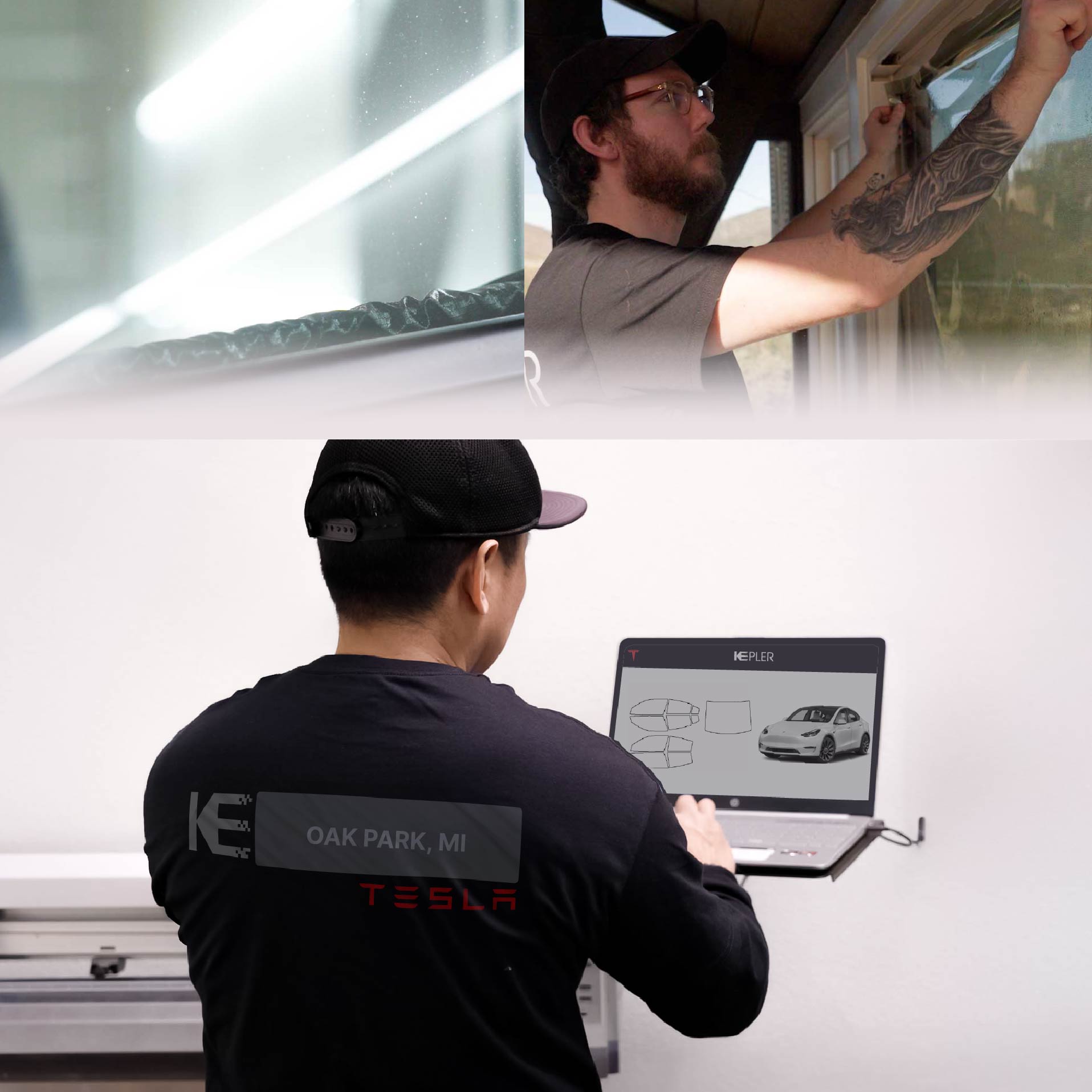 Kepler Technician Fitting Ceramic Window Tint to Tesla in Oak Park