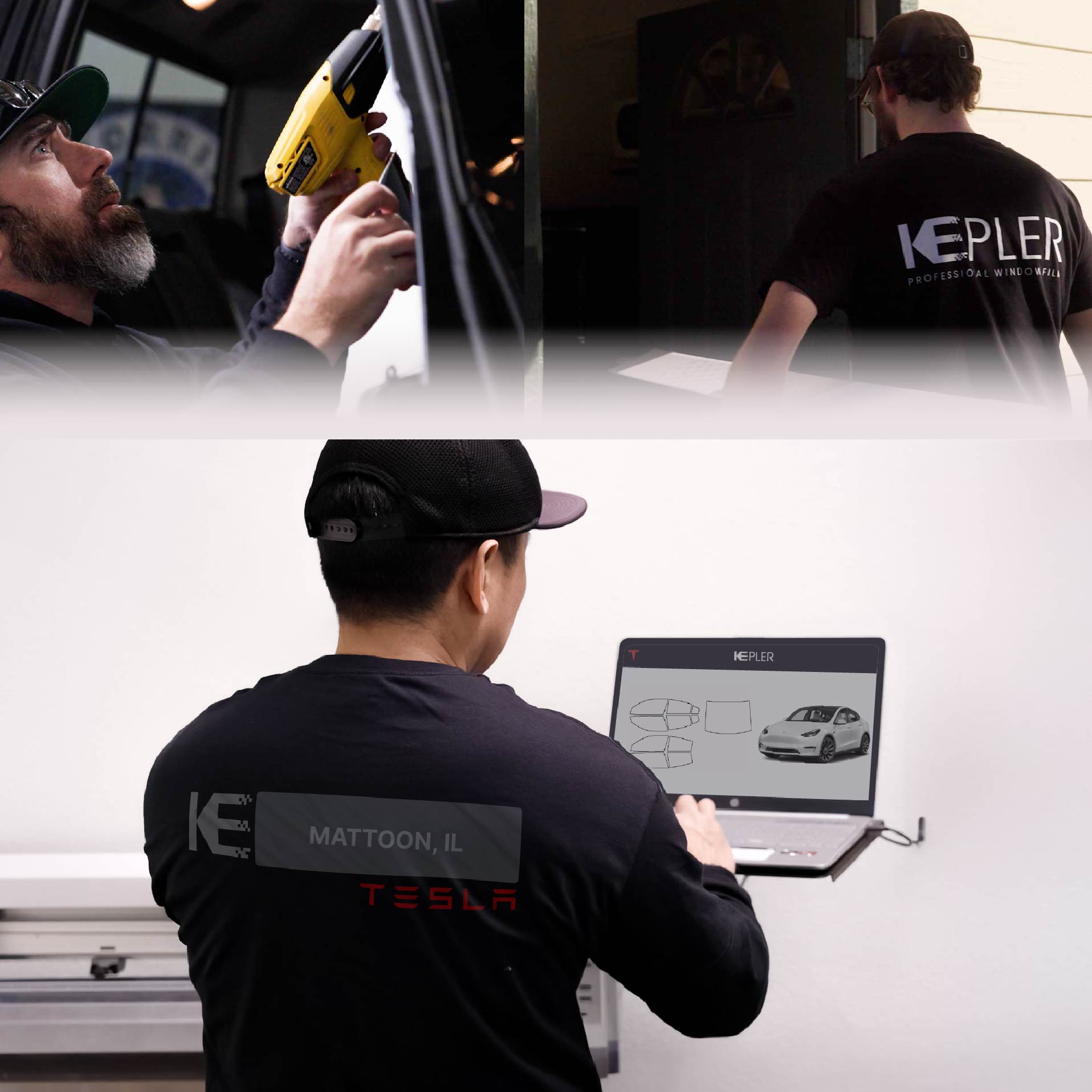 Expert Technician Installing Ceramic Window Tint to Tesla in Mattoon