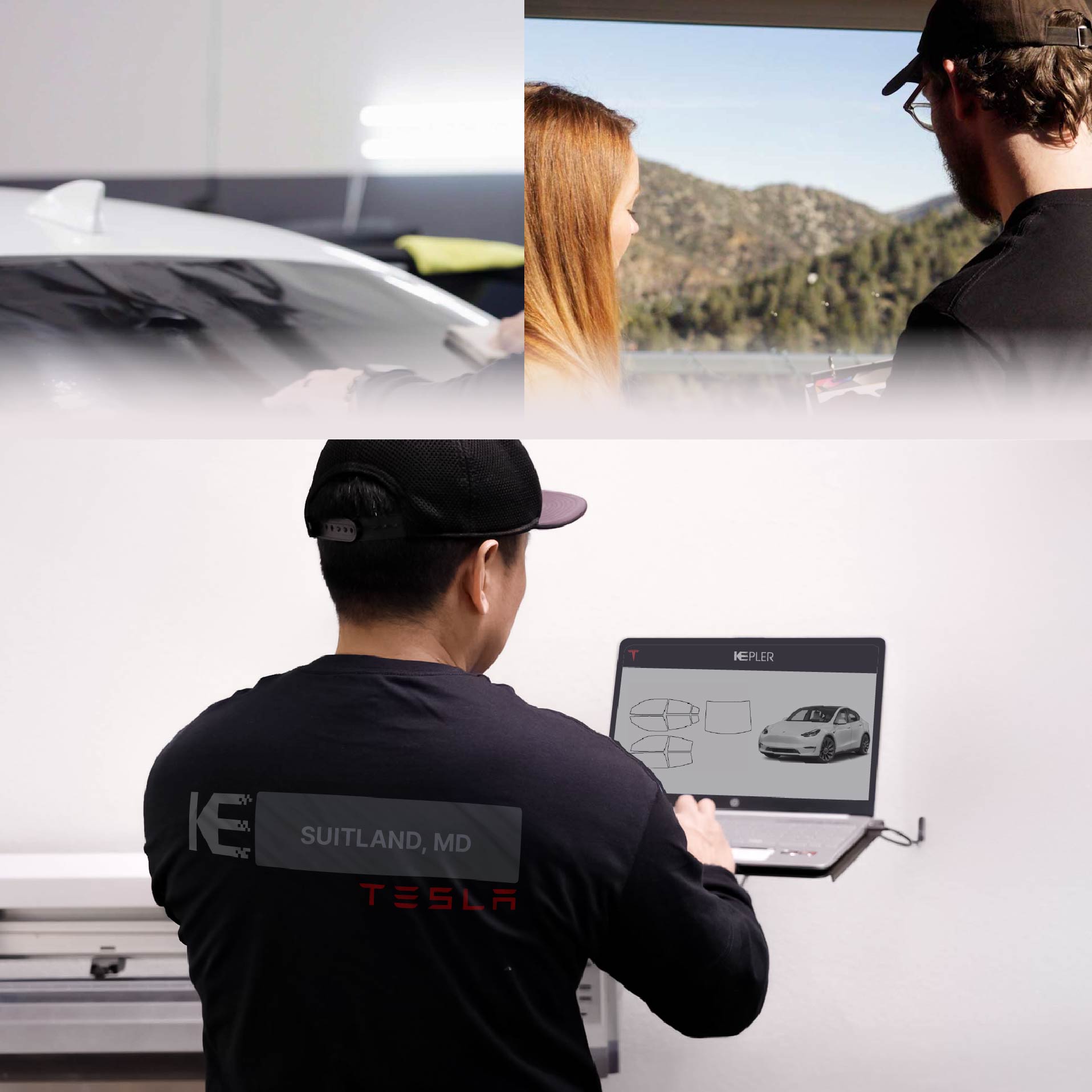 Expert Technician Installing Ceramic Window Tint to Tesla in Suitland