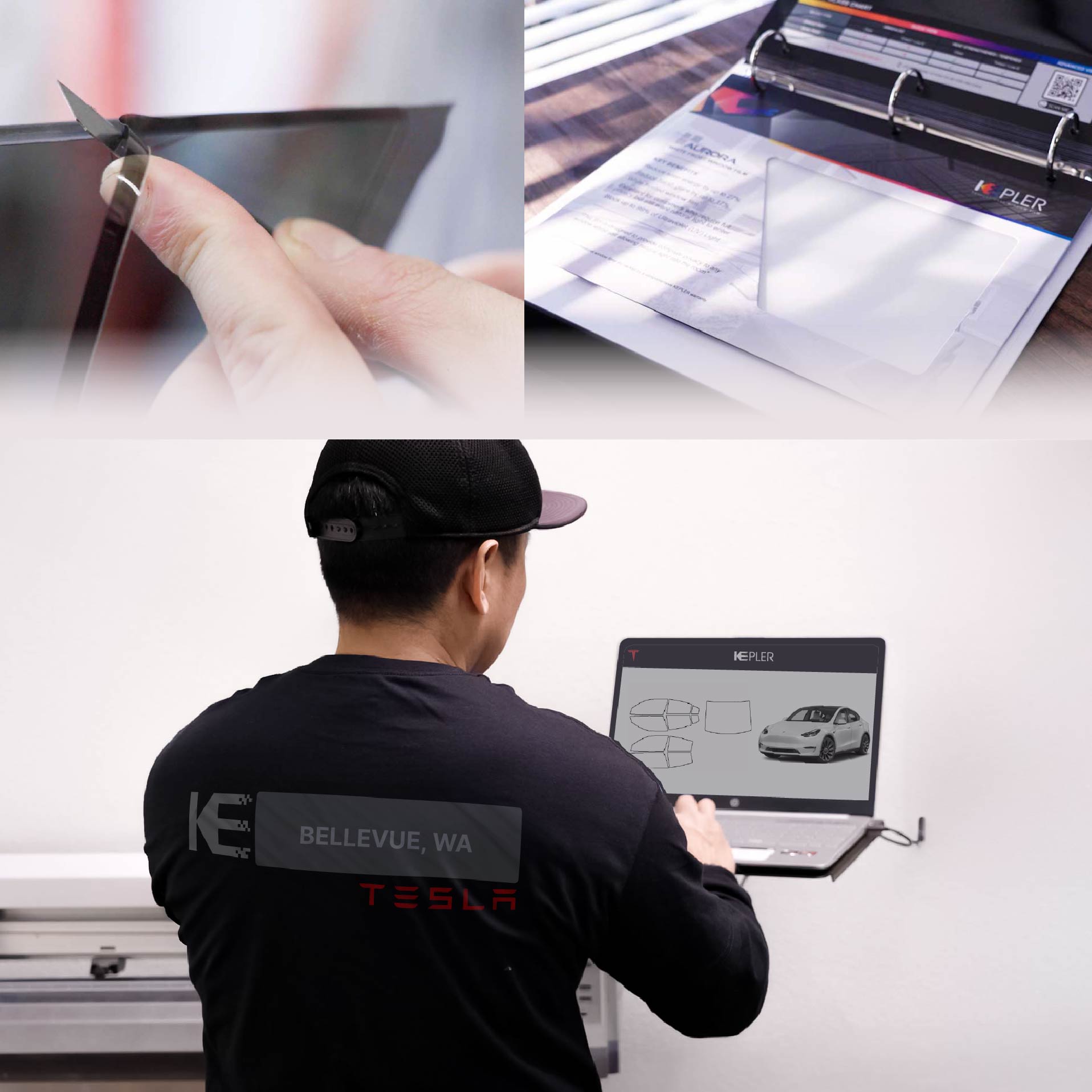 Expert Technician Fitting Ceramic Window Tint to Tesla in Bellevue