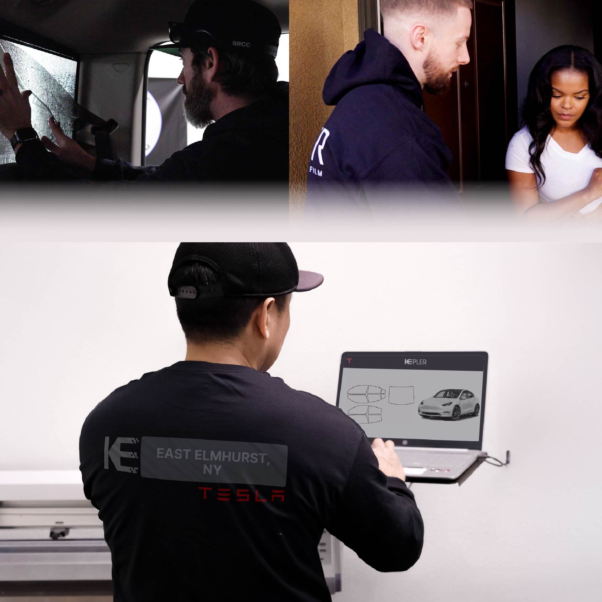 Kepler Technician Fitting Ceramic Window Tint to Tesla in East Elmhurst