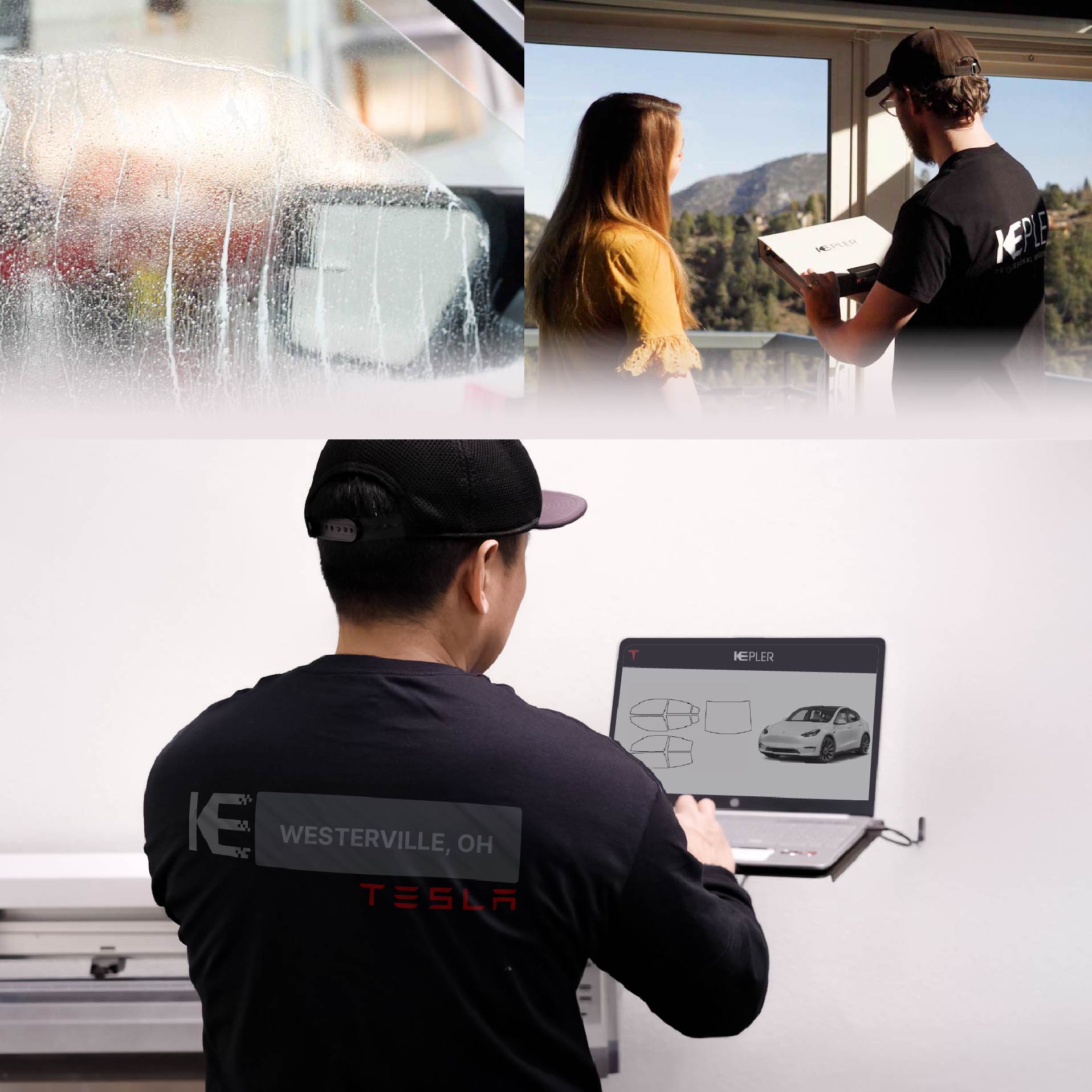 Kepler Technician Applying Advanced Window Tint to Tesla in Westerville