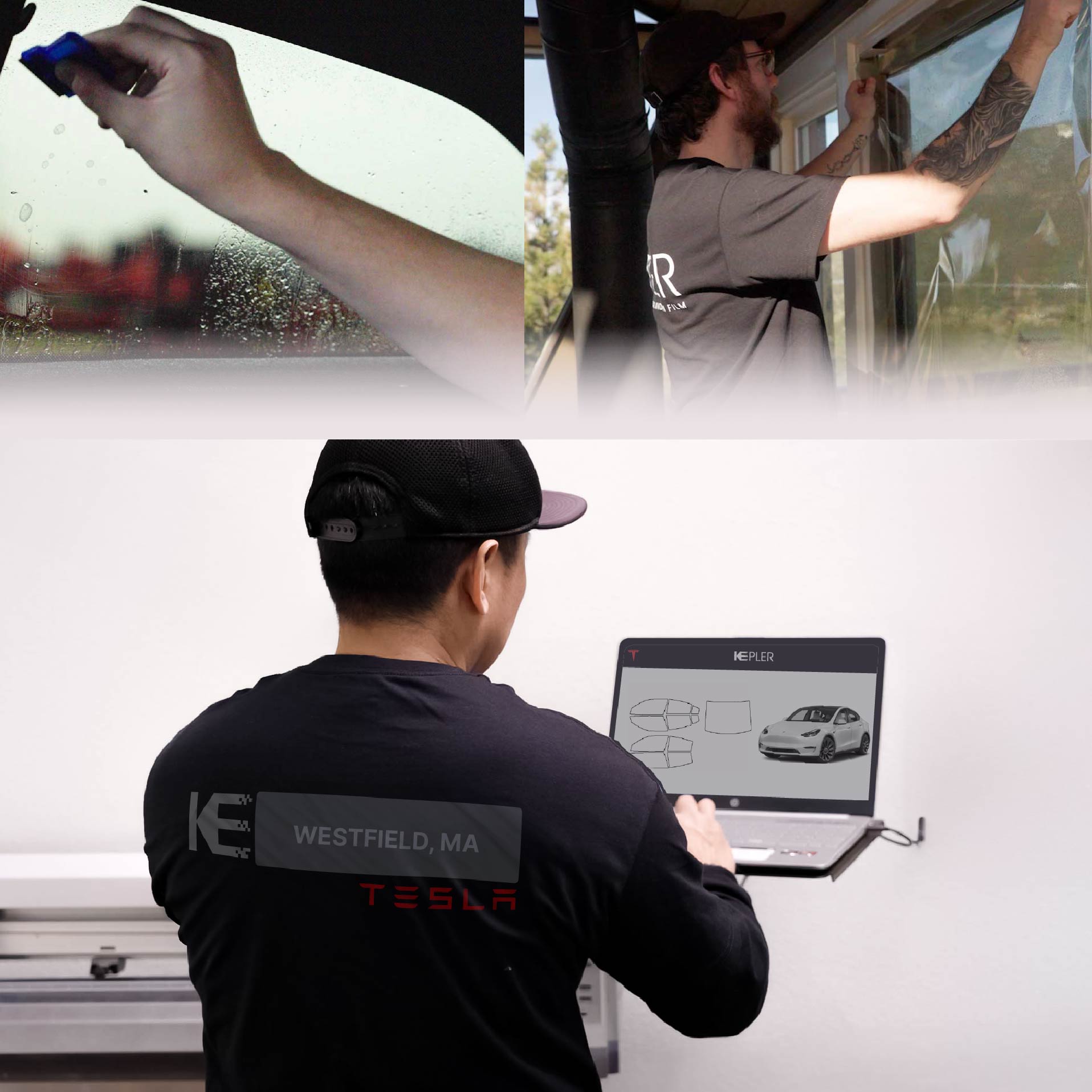 Expert Technician Fitting Advanced Window Tint to Tesla in Westfield