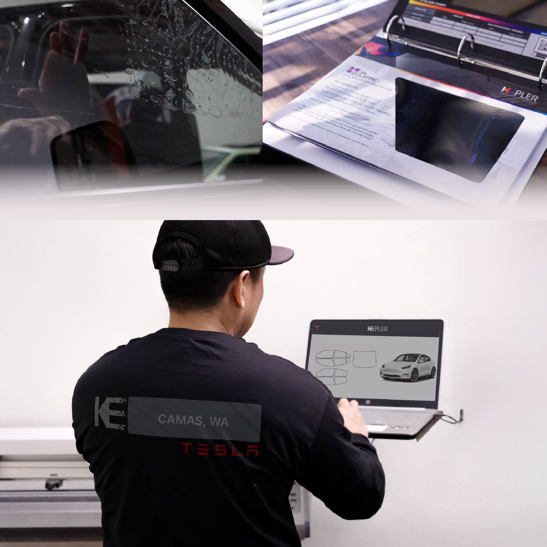 Expert Technician Fitting Advanced Window Tint to Tesla in Camas