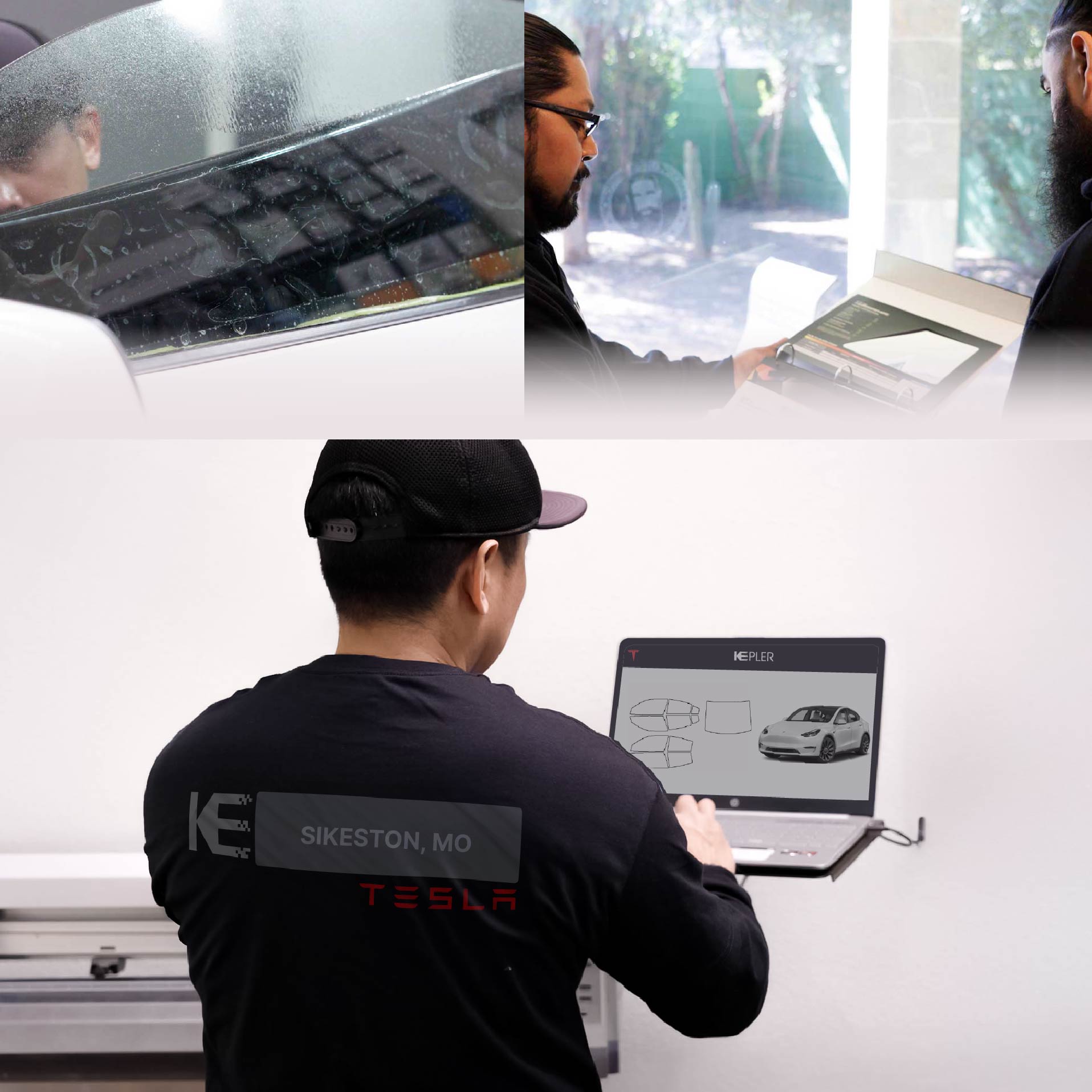 Kepler Technician Fitting Advanced Window Tint to Tesla in Sikeston