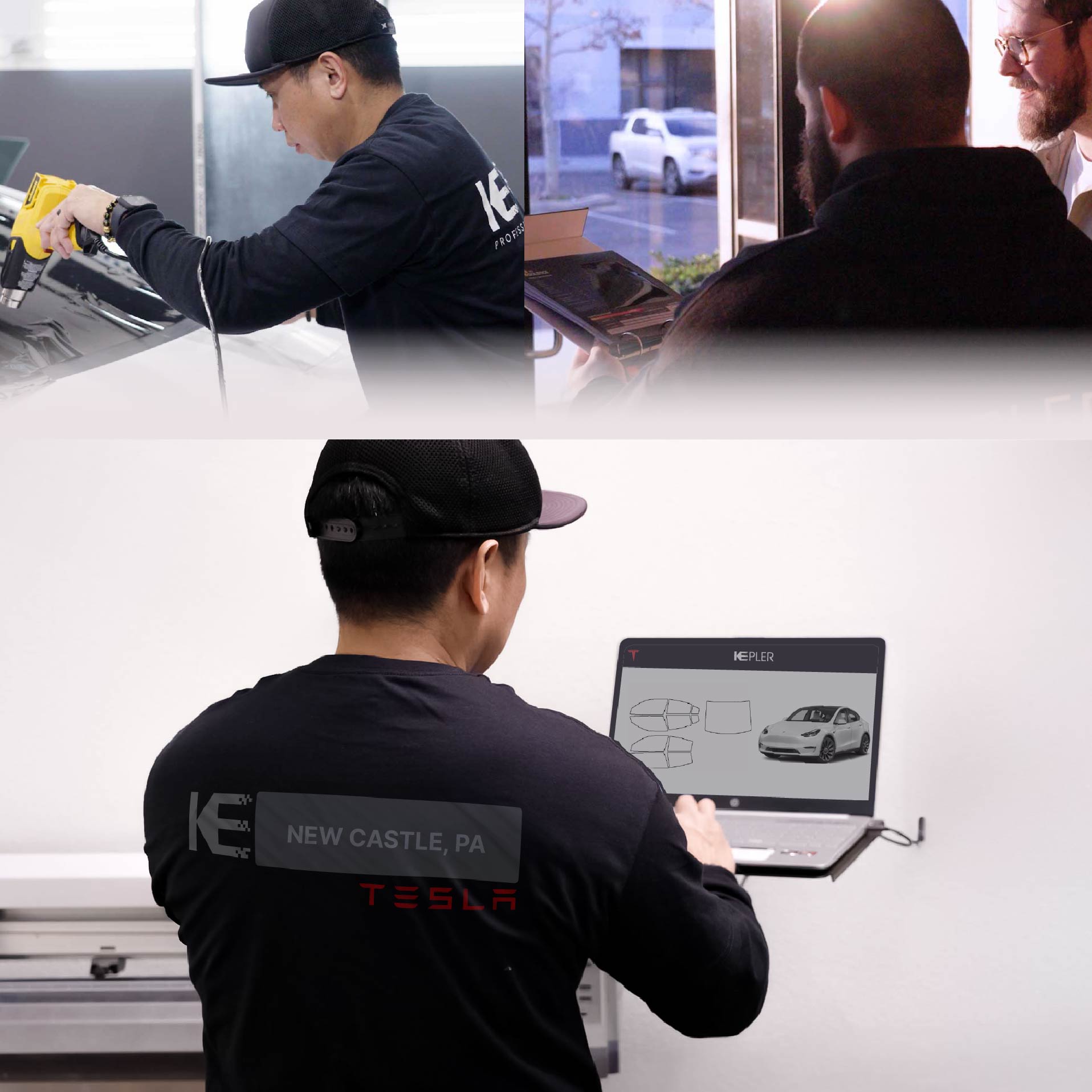 Kepler Technician Applying Advanced Window Tint to Tesla in New Castle
