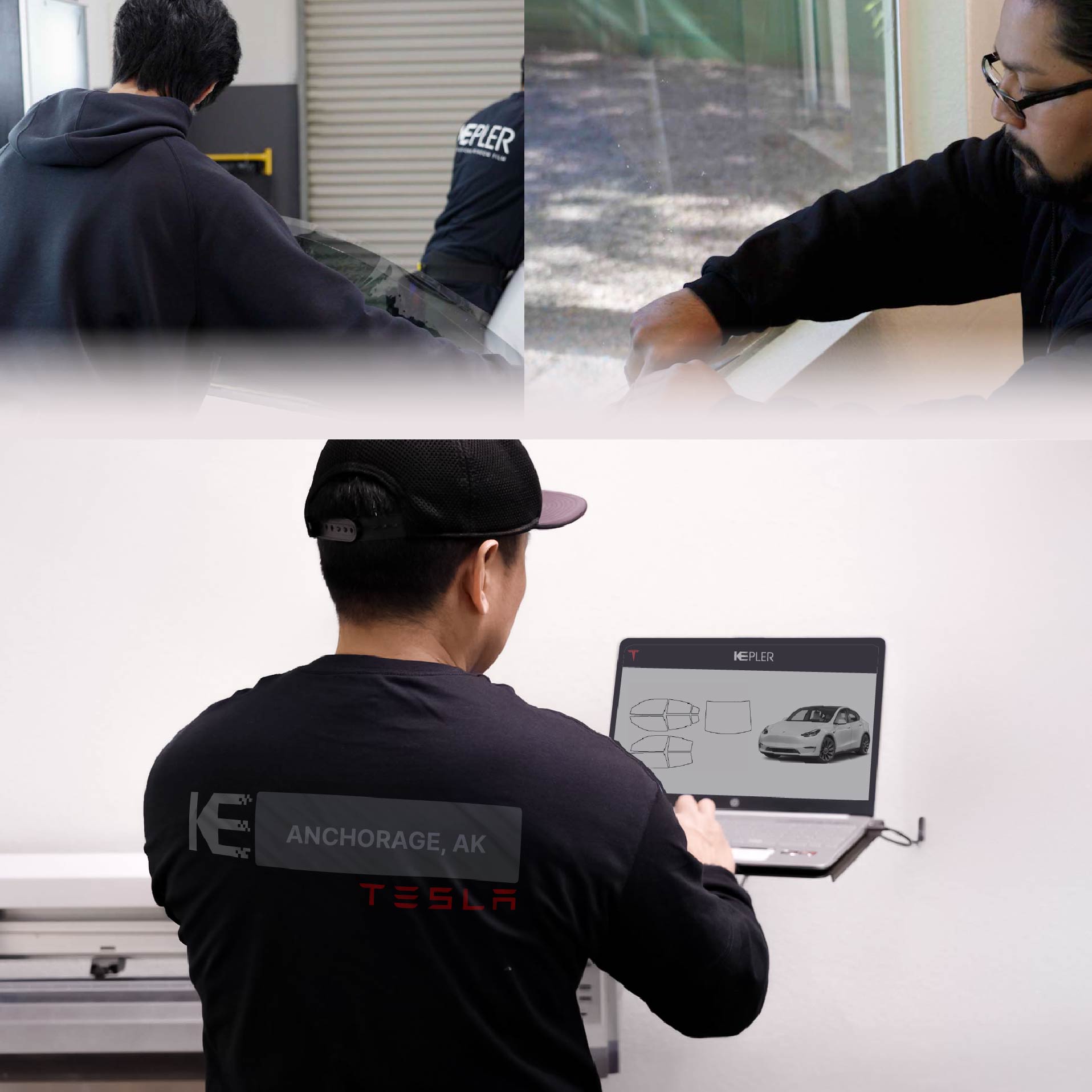 Kepler Technician Applying Ceramic Window Tint to Tesla in Anchorage