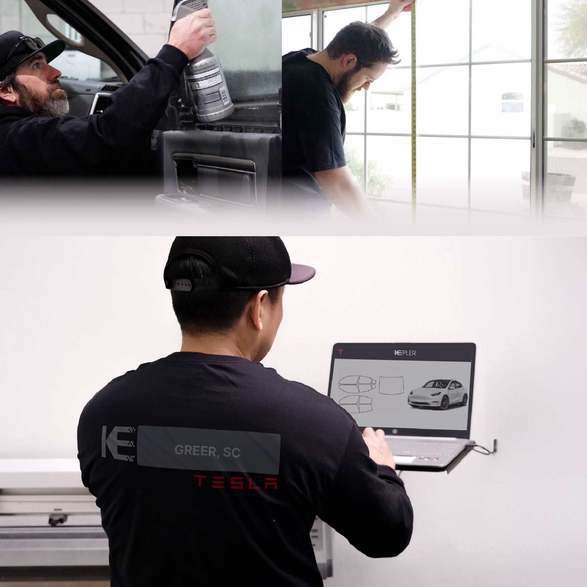 Kepler Technician Fitting Ceramic Window Tint to Tesla in Greer