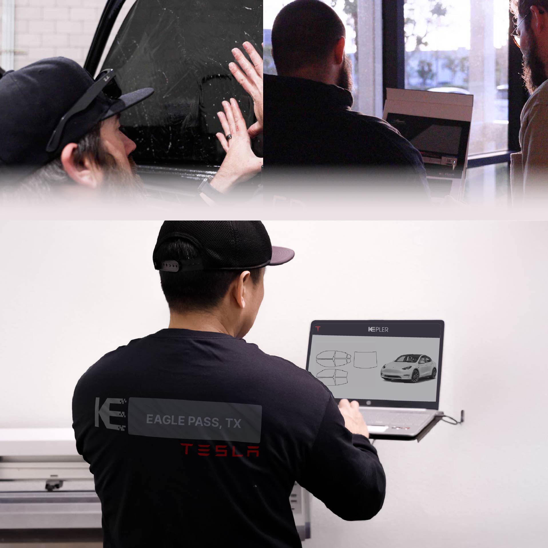 Kepler Technician Applying High-tech Window Tint to Tesla in Eagle Pass