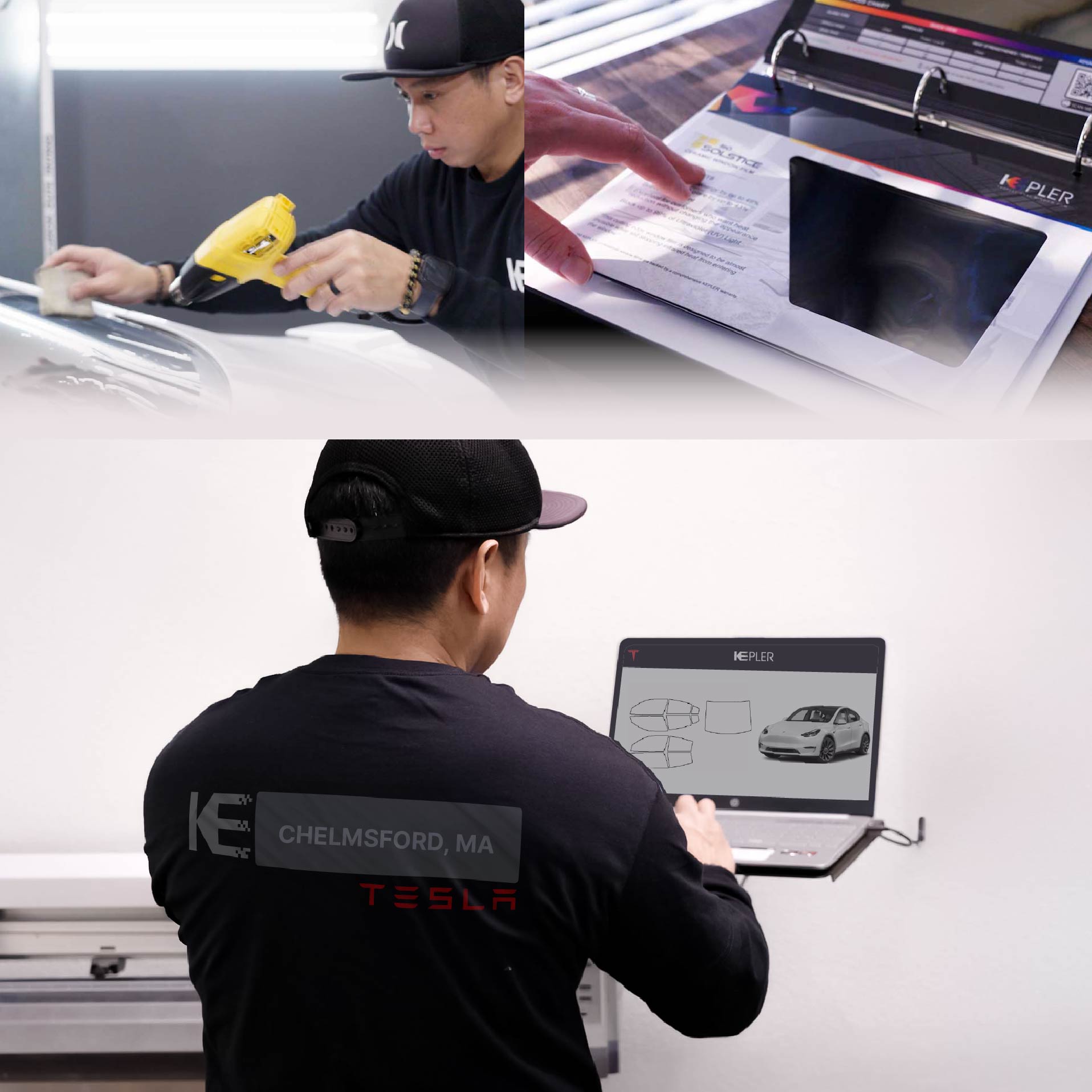 Kepler Technician Fitting Advanced Window Tint to Tesla in Chelmsford