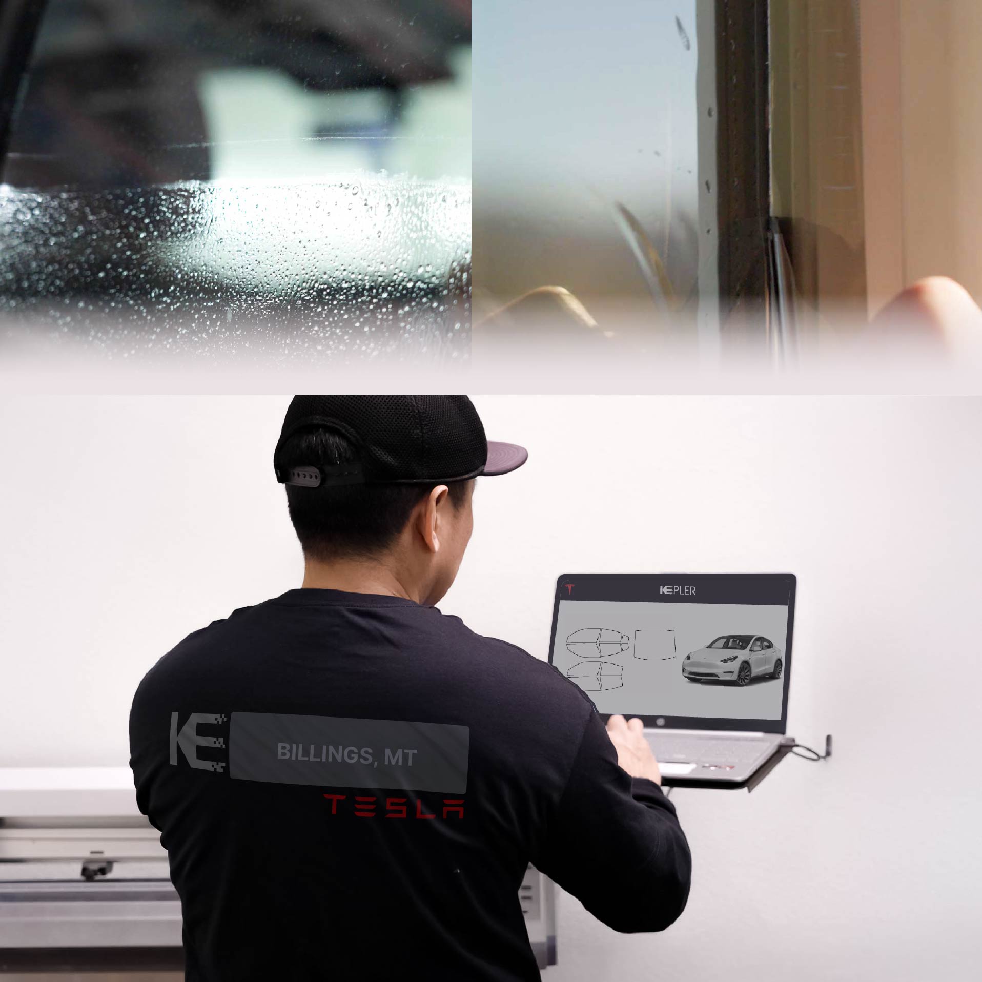 Kepler Technician Applying High-tech Window Tint to Tesla in Billings
