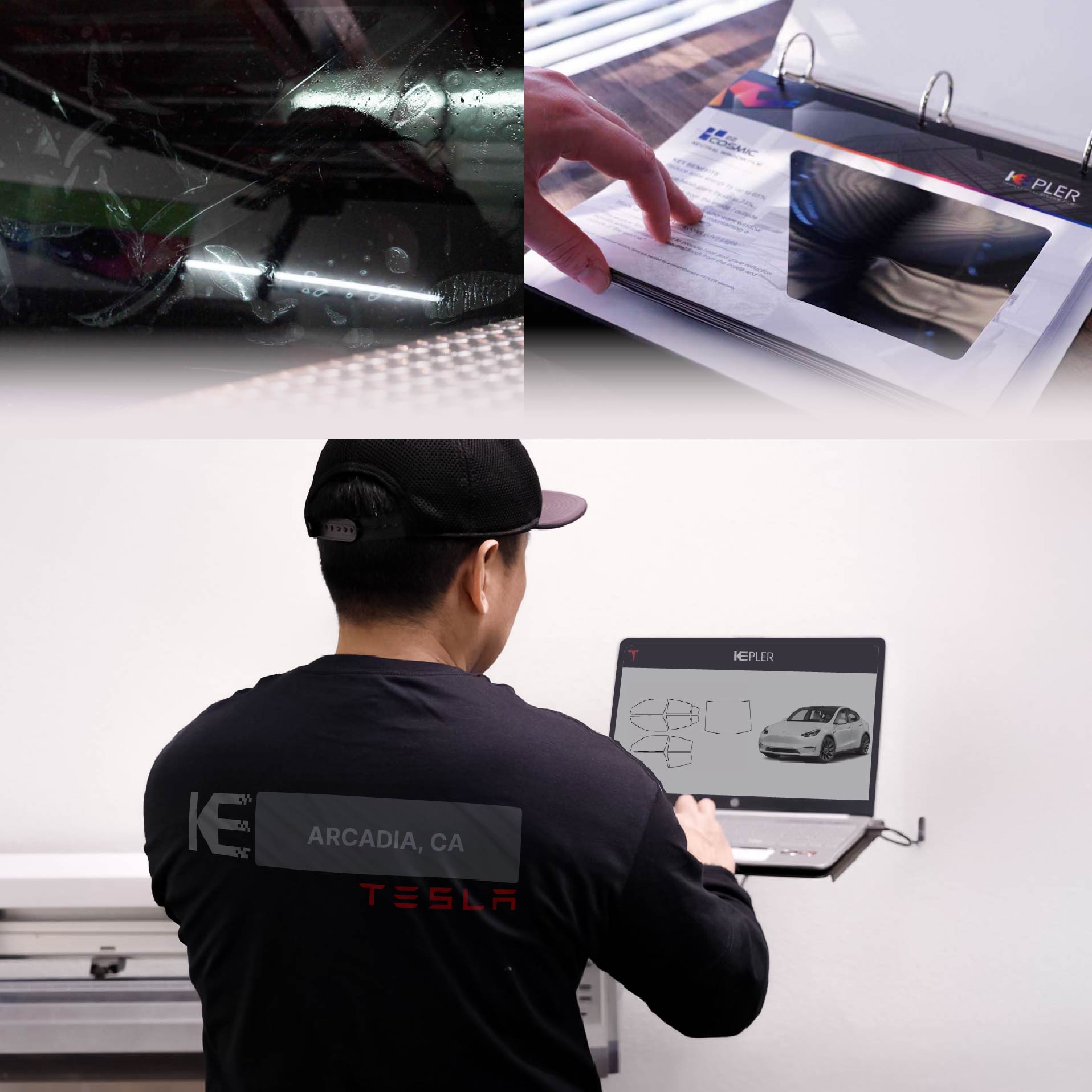 Expert Technician Applying Advanced Window Tint to Tesla in Arcadia