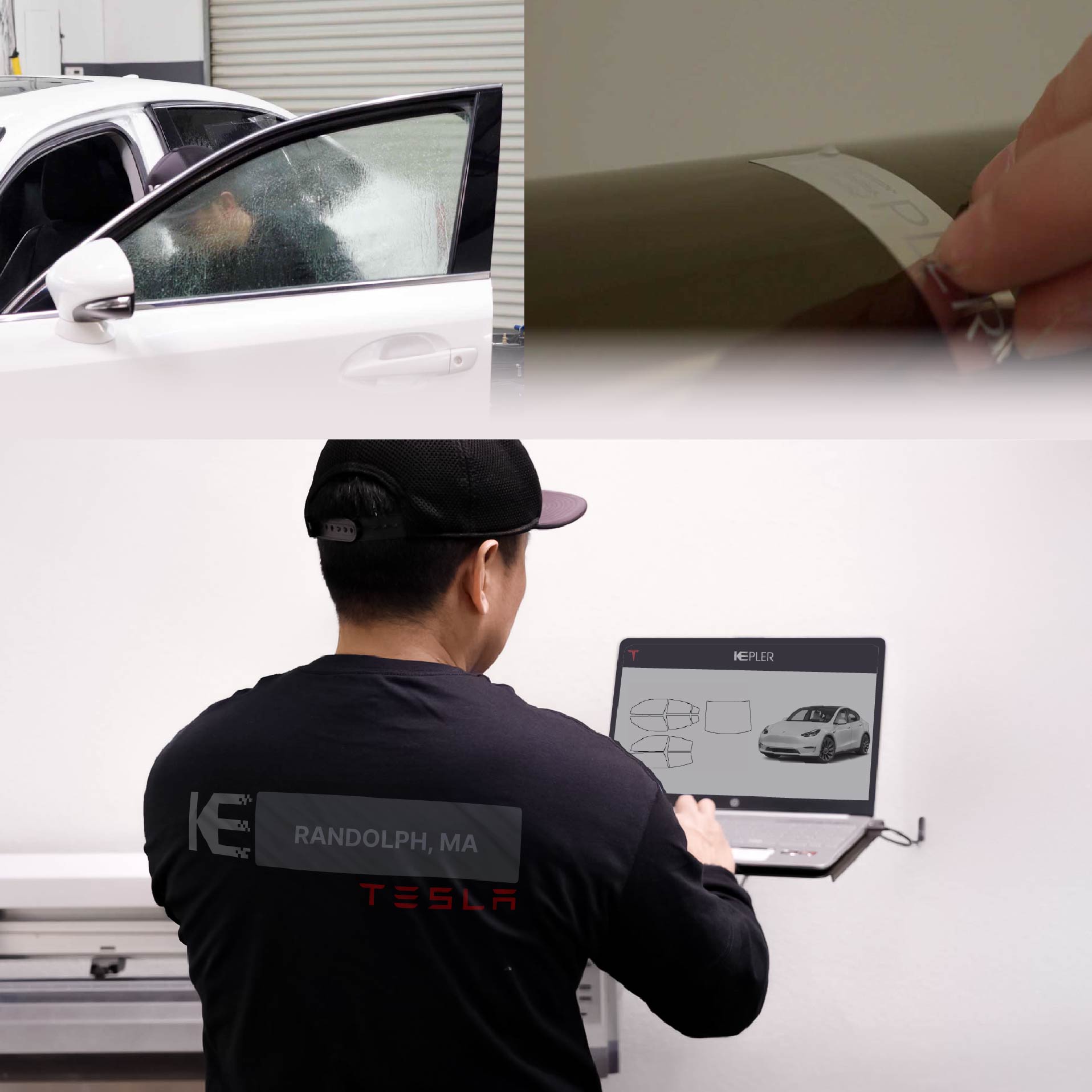 Kepler Technician Installing Ceramic Window Tint to Tesla in Randolph