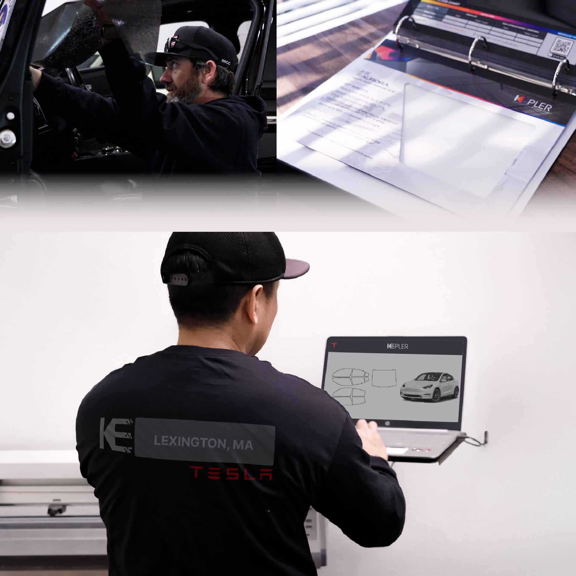 Kepler Technician Fitting Ceramic Window Tint to Tesla in Lexington