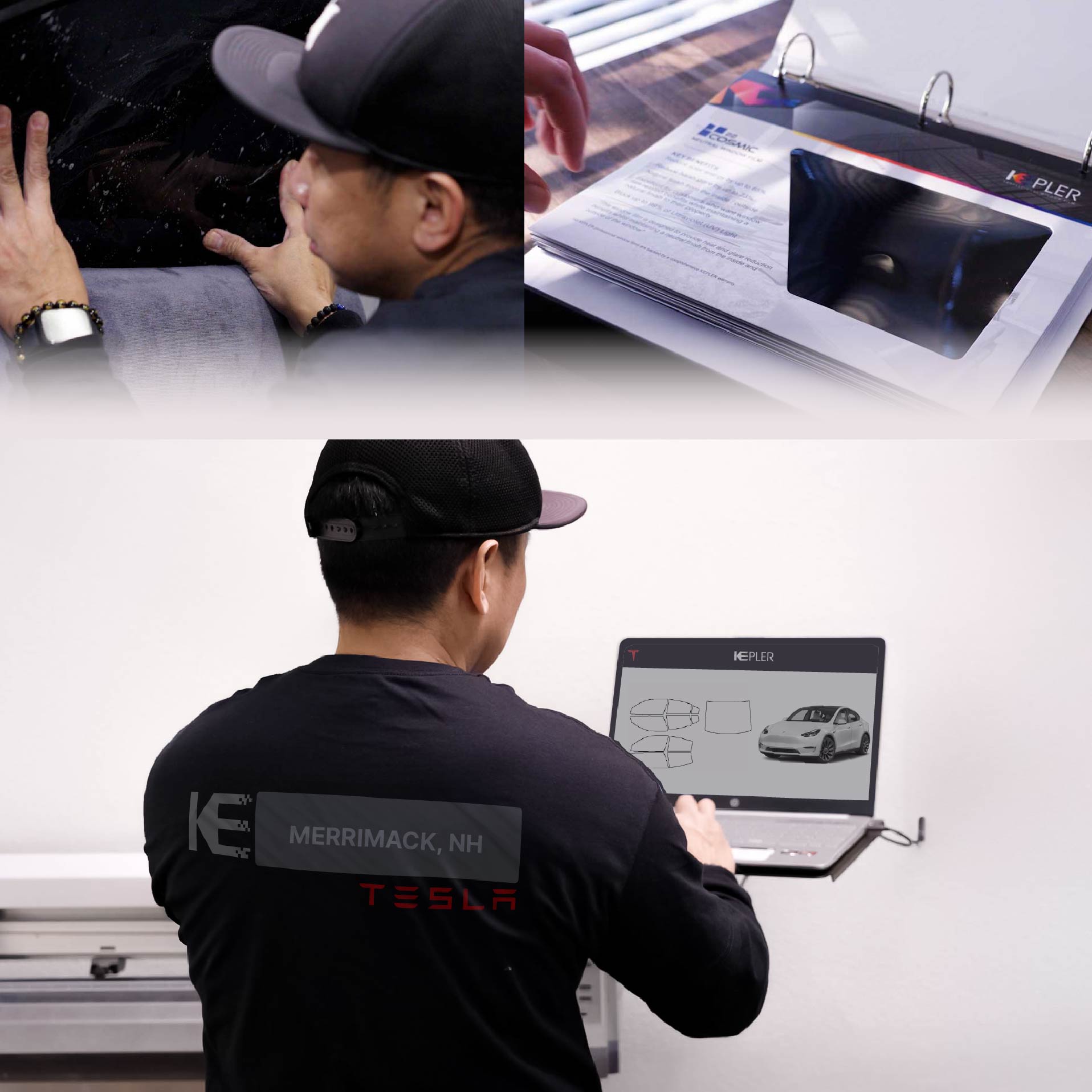 Expert Technician Fitting High-tech Window Tint to Tesla in Merrimack