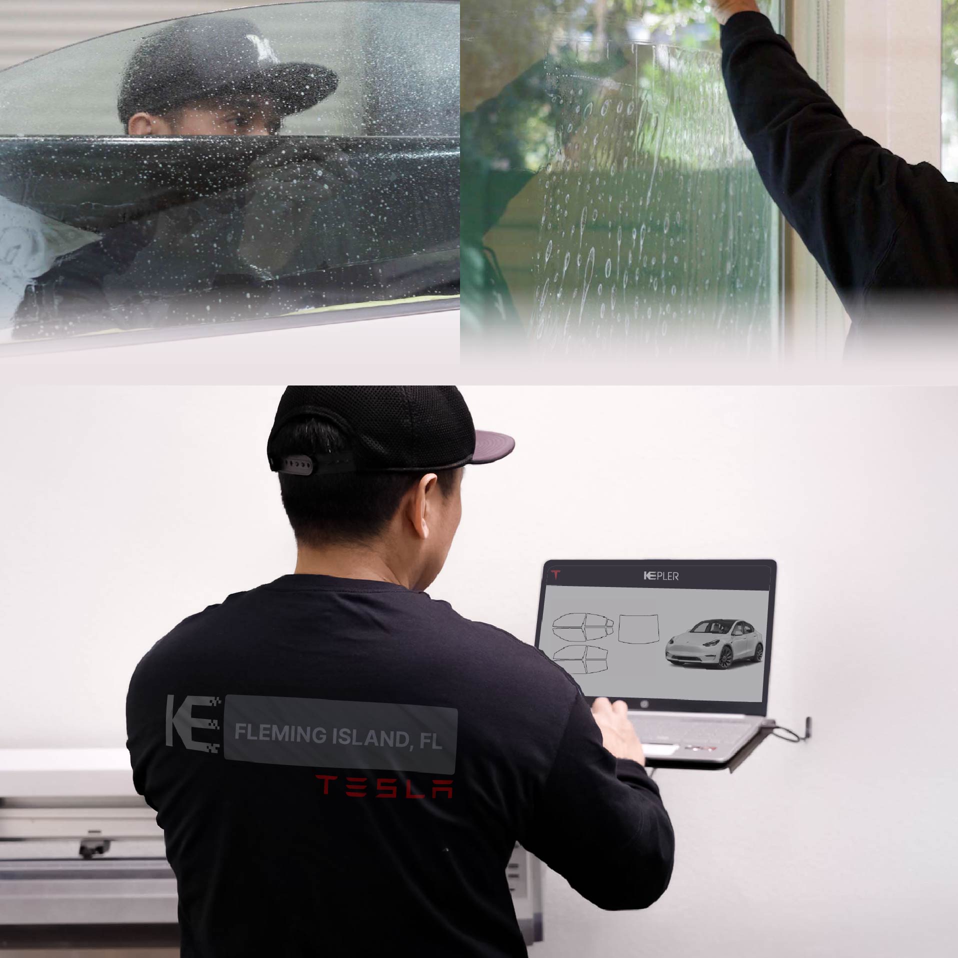 Expert Technician Applying High-tech Window Tint to Tesla in Fleming Island