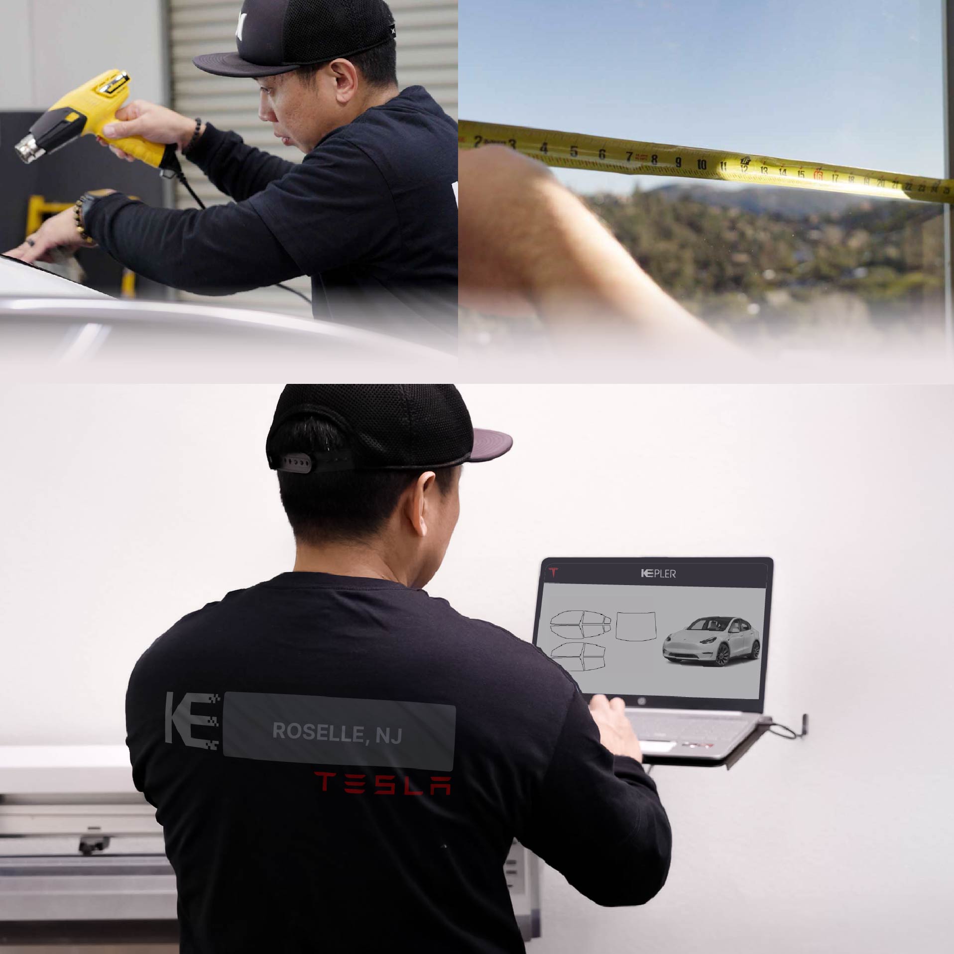 Expert Technician Installing Ceramic Window Tint to Tesla in Roselle